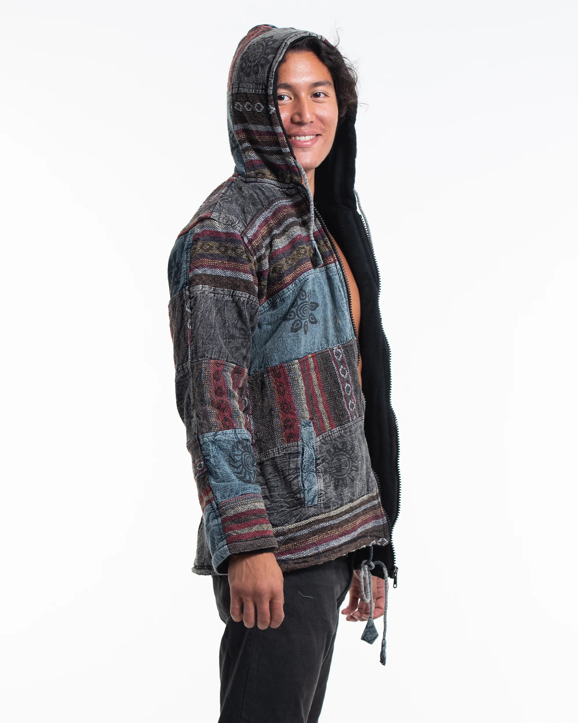 Patchwork Stone Washed Cotton Jacket in Black 01