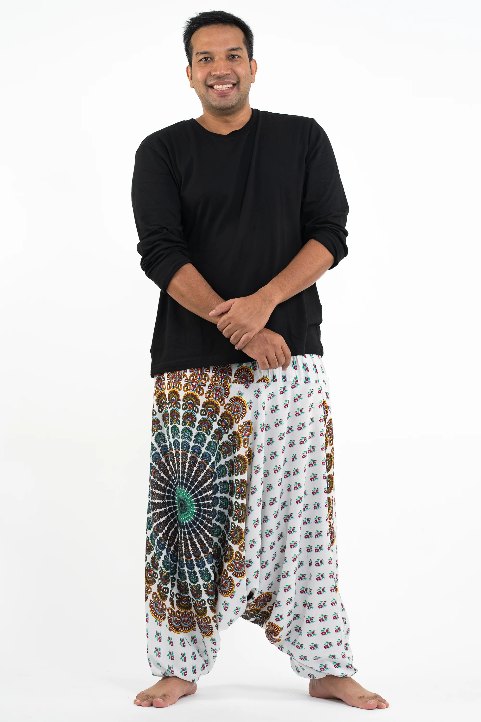 Plus Size Peacock Mandalas Drop Crotch Men's Harem Pants in White