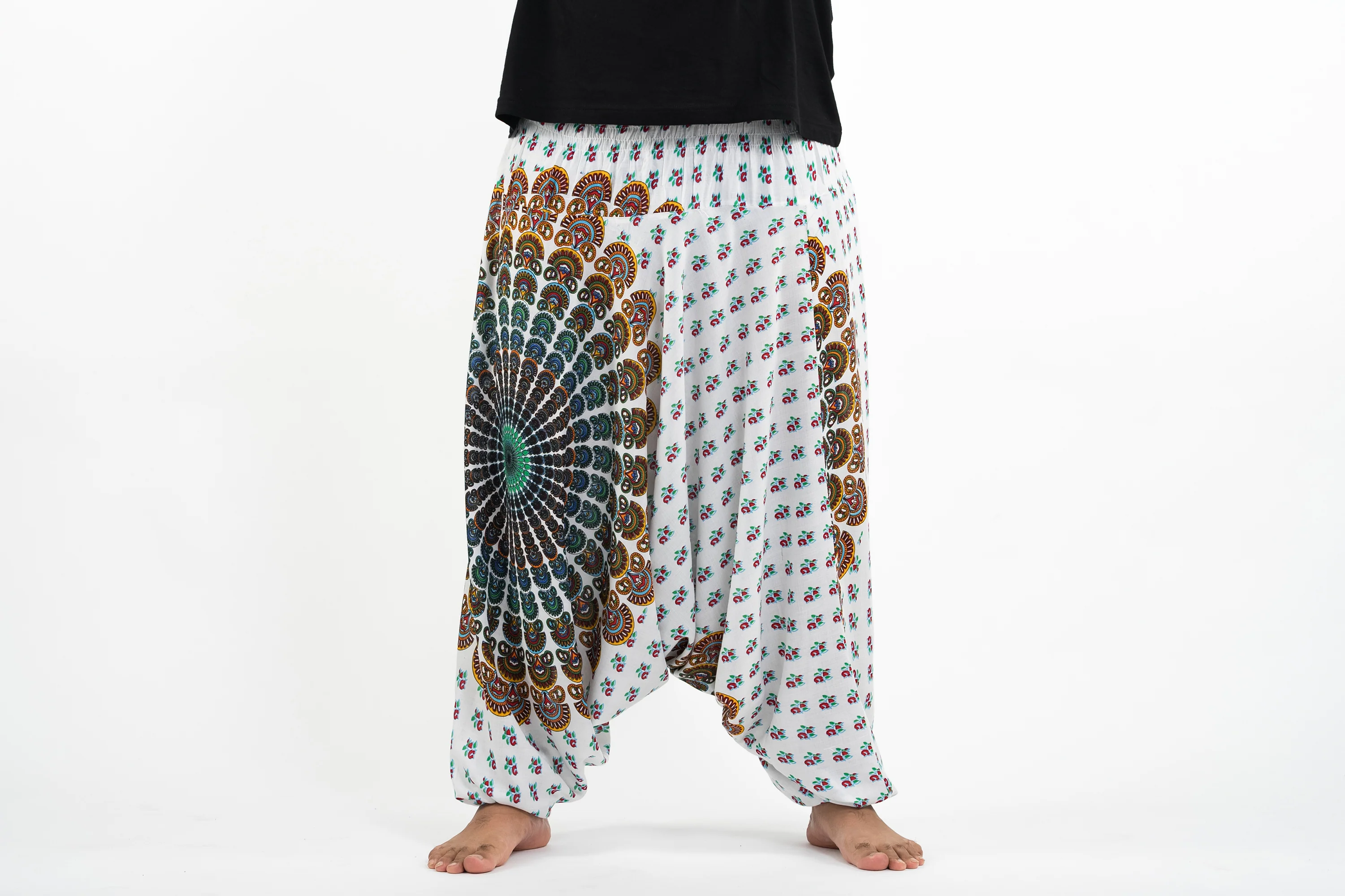 2747-Plus-Size-Peacock-Mandalas-Drop-Crotch-Men-s-Harem-Pants-in-White-2.webp Plus Size Peacock Mandalas Drop Crotch Men's Harem Pants in White