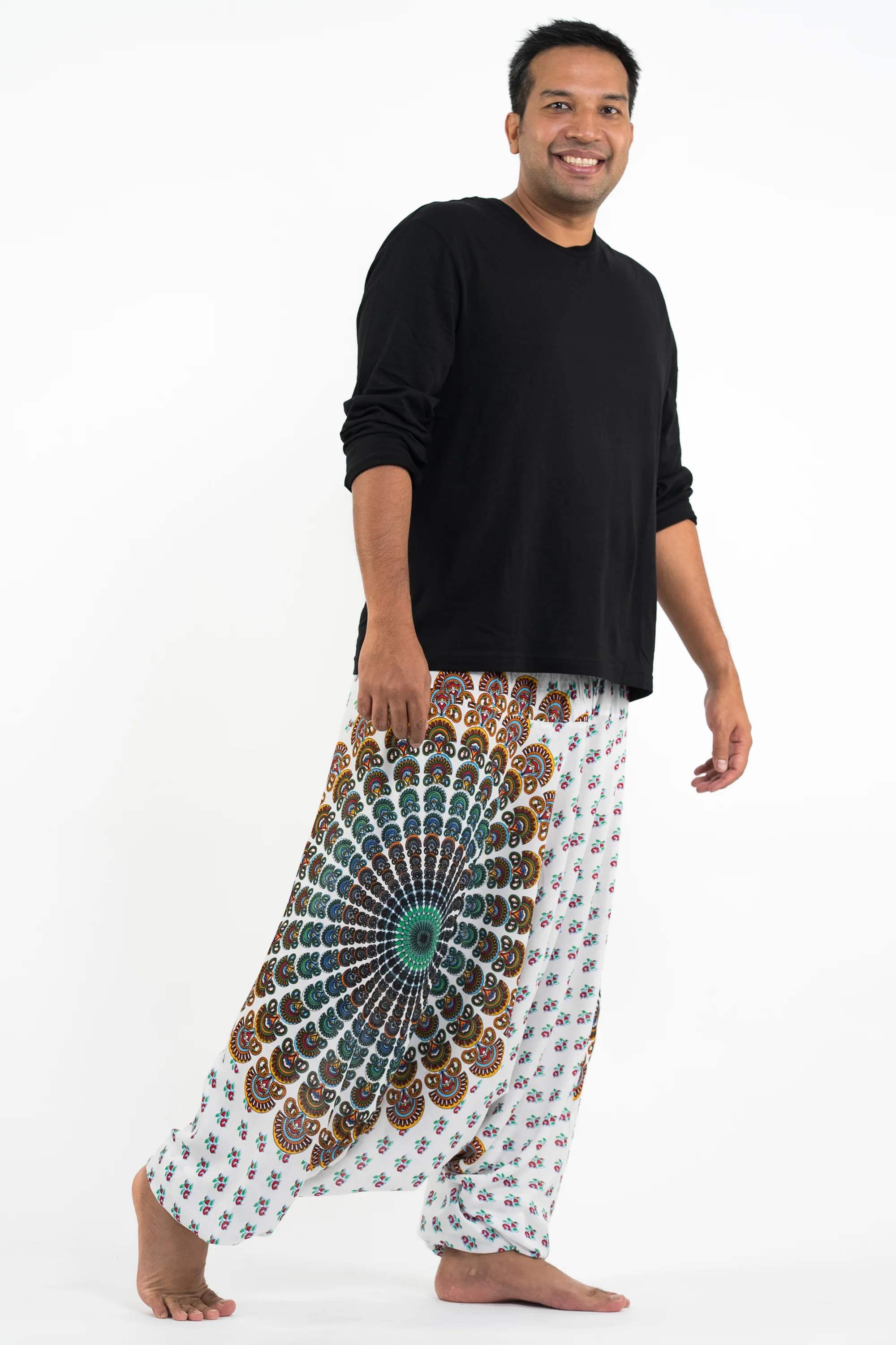 2747-Plus-Size-Peacock-Mandalas-Drop-Crotch-Men-s-Harem-Pants-in-White-3.webp Plus Size Peacock Mandalas Drop Crotch Men's Harem Pants in White
