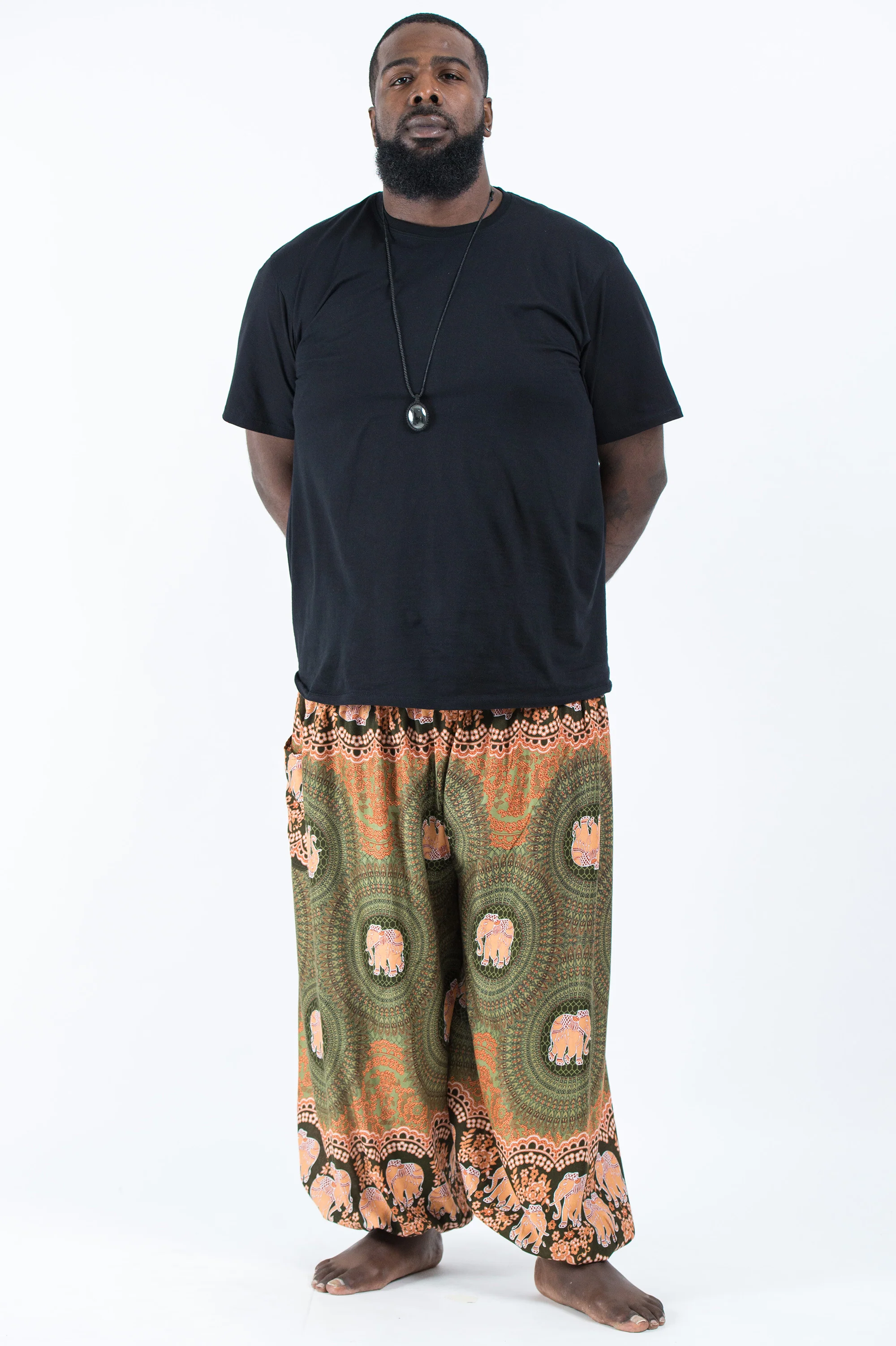 Plus Size Mandala Elephant Men's Elephant Pants in Olive