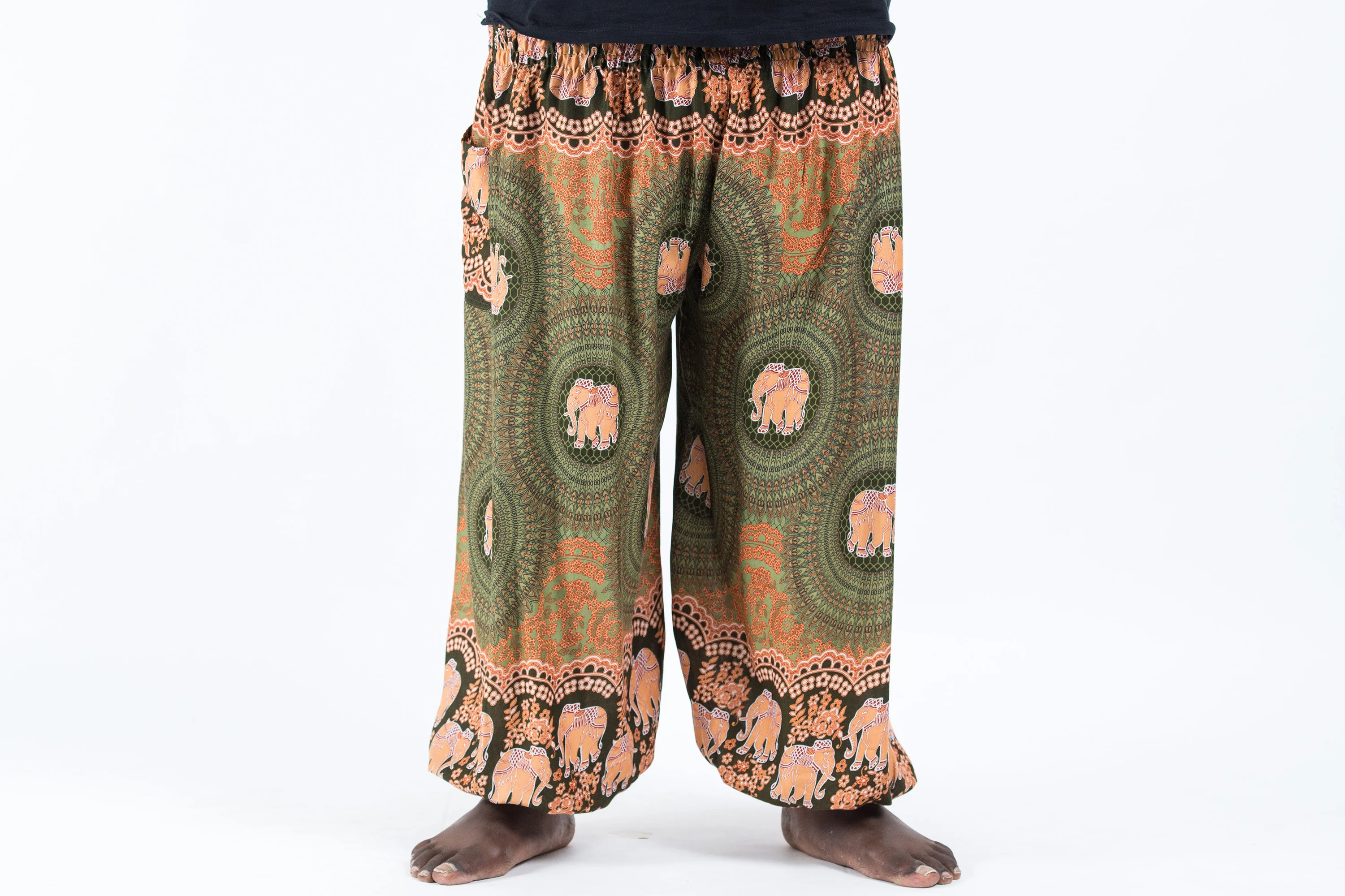 Plus Size Mandala Elephant Men's Elephant Pants in Olive
