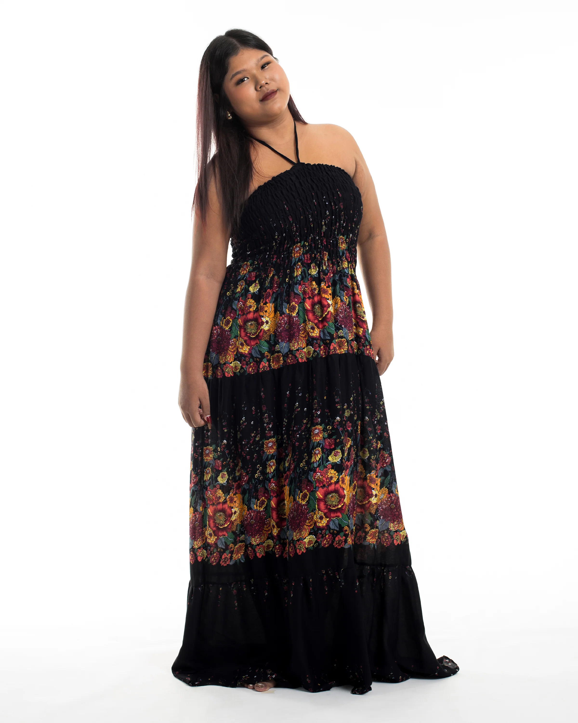 Plus Size Floral Smocked Maxi Dress in Black