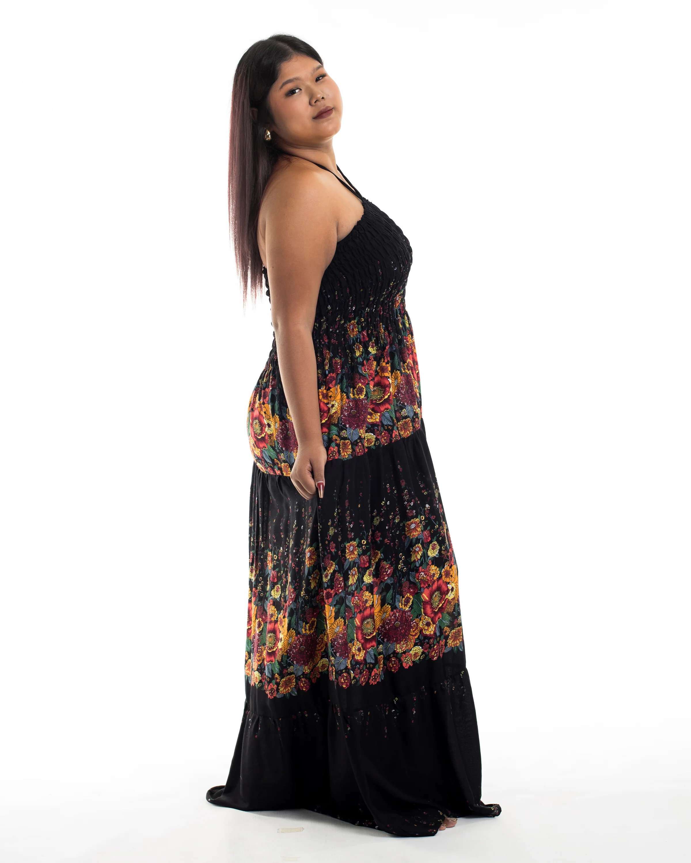 Plus Size Floral Smocked Maxi Dress in Black