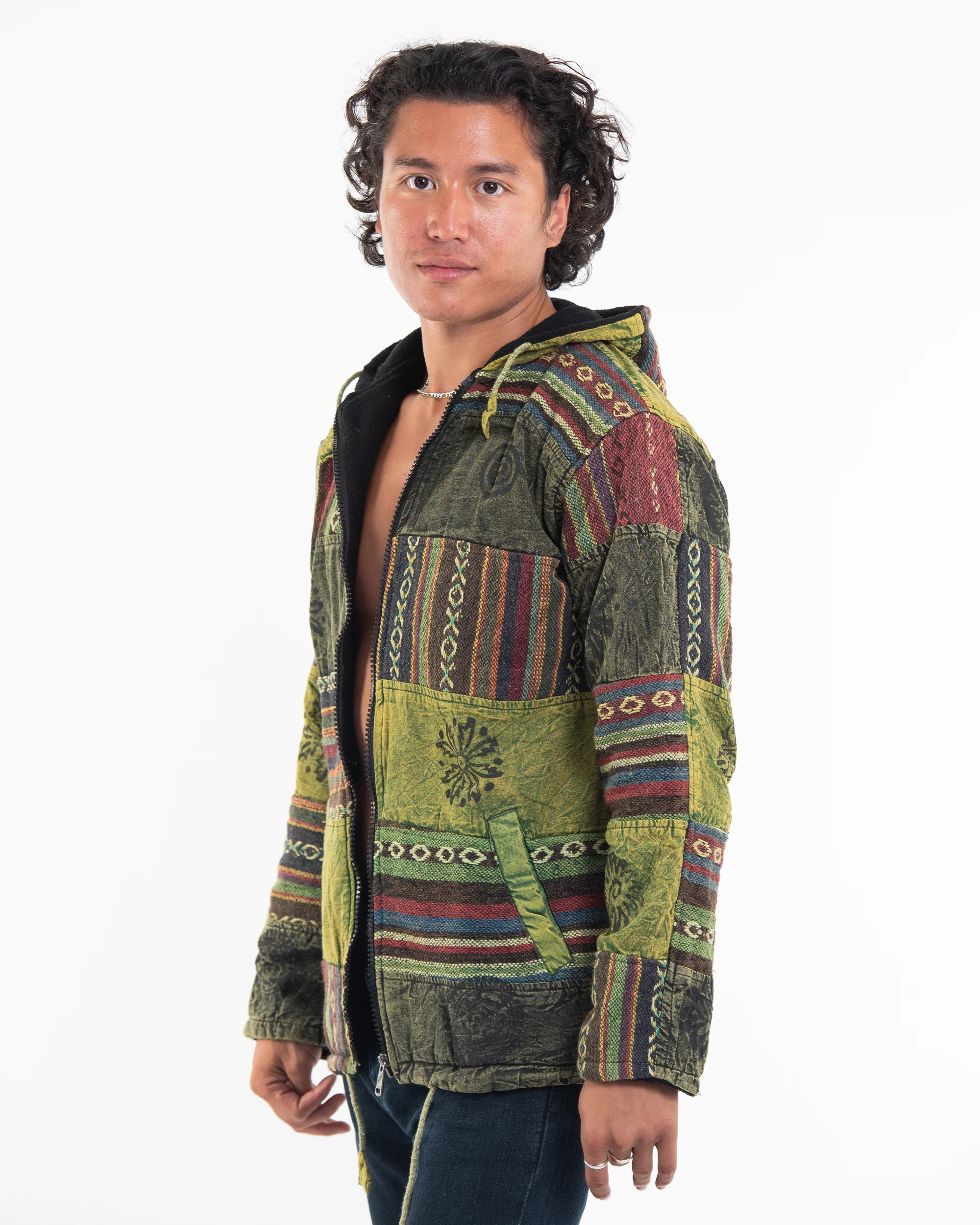 Patchwork Stone Washed Cotton Jacket in Green 01