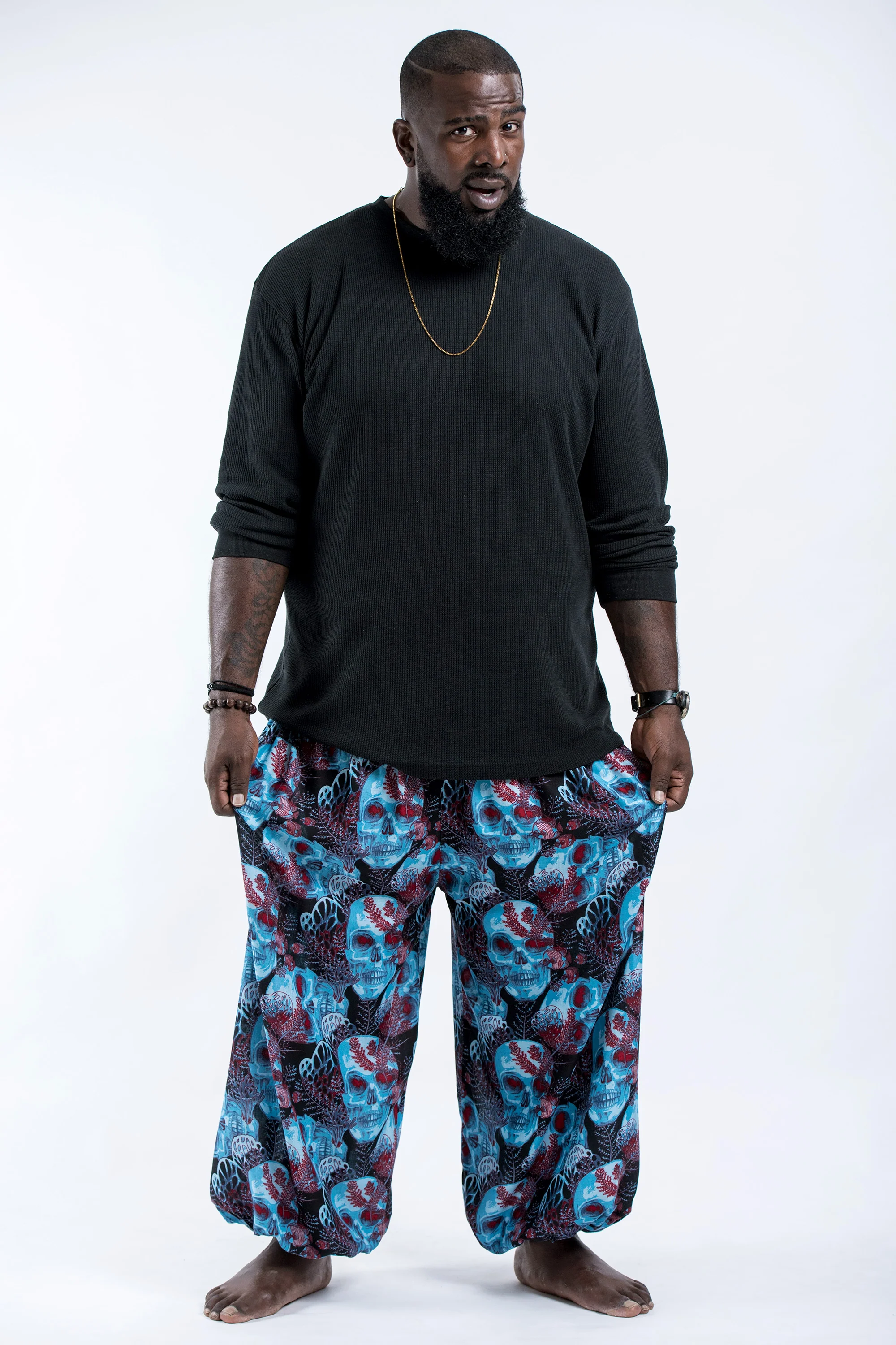 Plus Size Skulls Men's Harem Pants in Black Blue