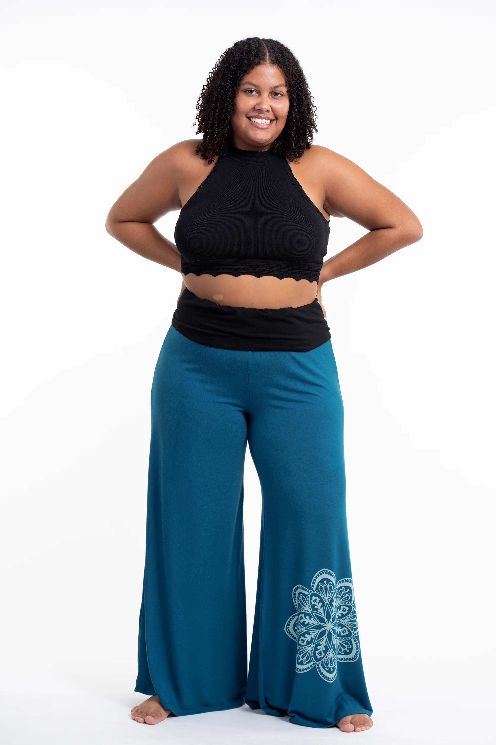Plus Size Mandala Print Wide Leg Palazzo Harem Pants Cotton Spandex in Turquoise