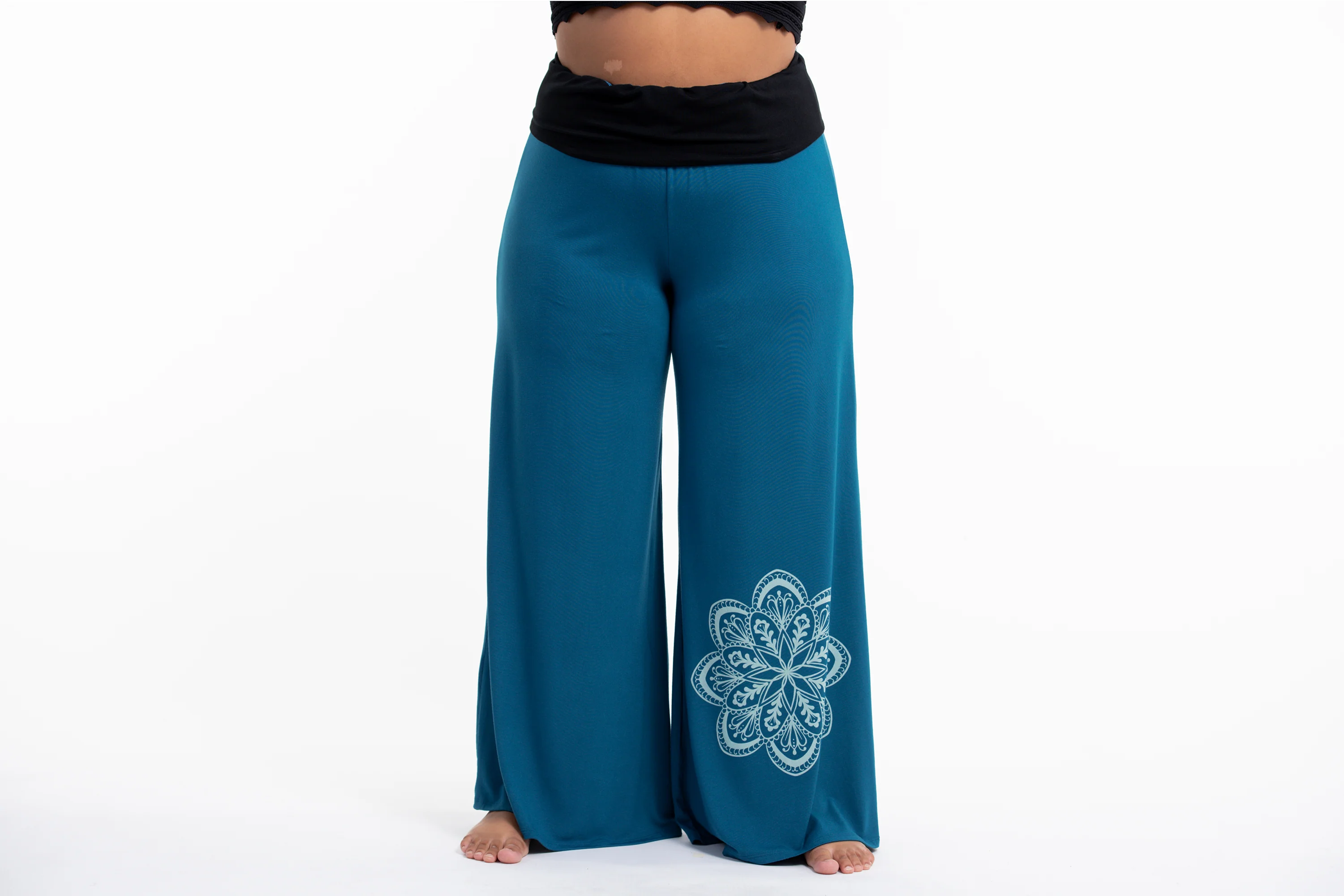 Plus Size Mandala Print Wide Leg Palazzo Harem Pants Cotton Spandex in Turquoise