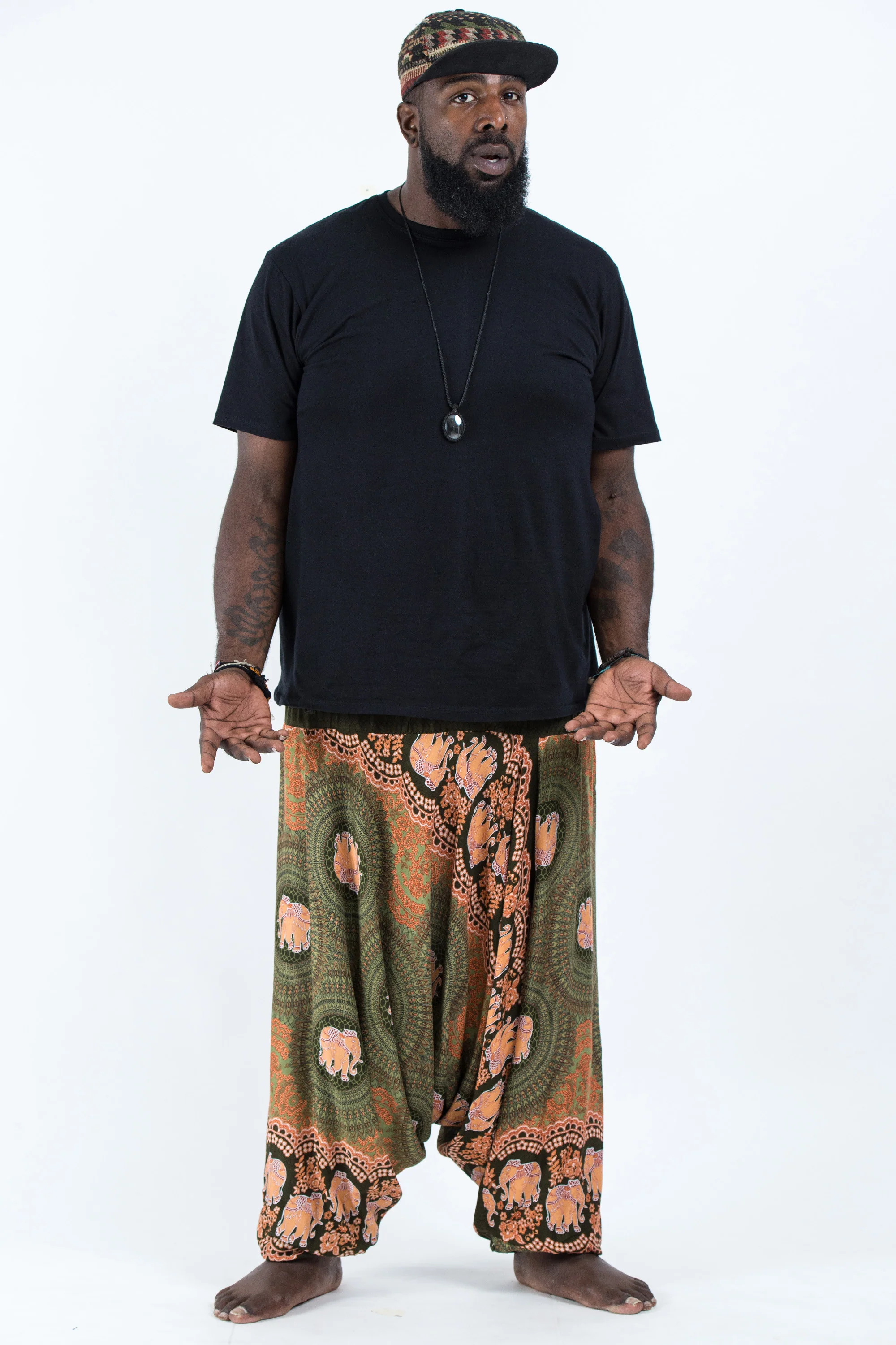 Plus Size Mandala Elephant Drop Crotch Men's Elephant Pants in Olive