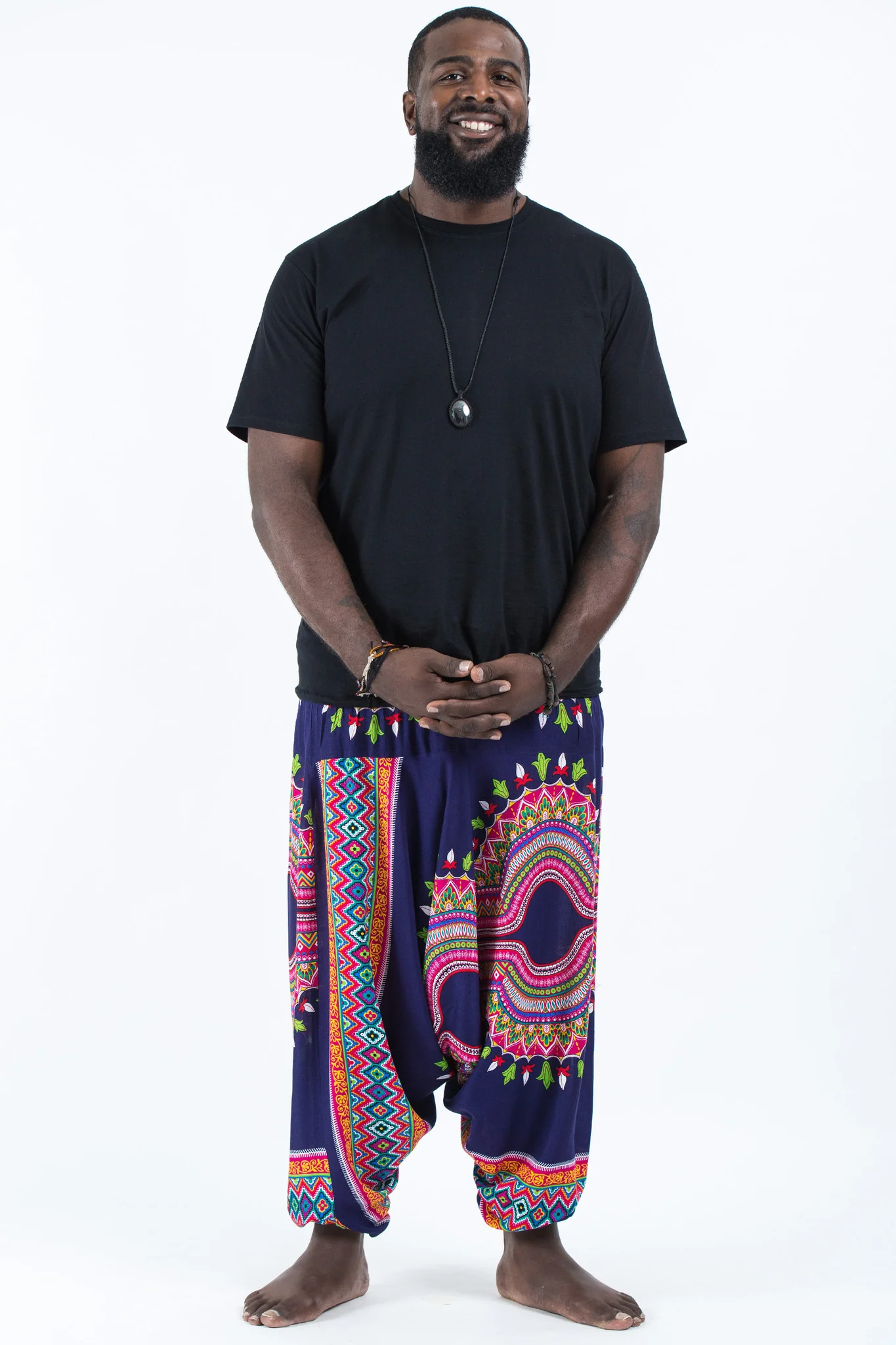 Plus Size Dashiki Prints Drop Crotch Men's Harem Pants in Navy