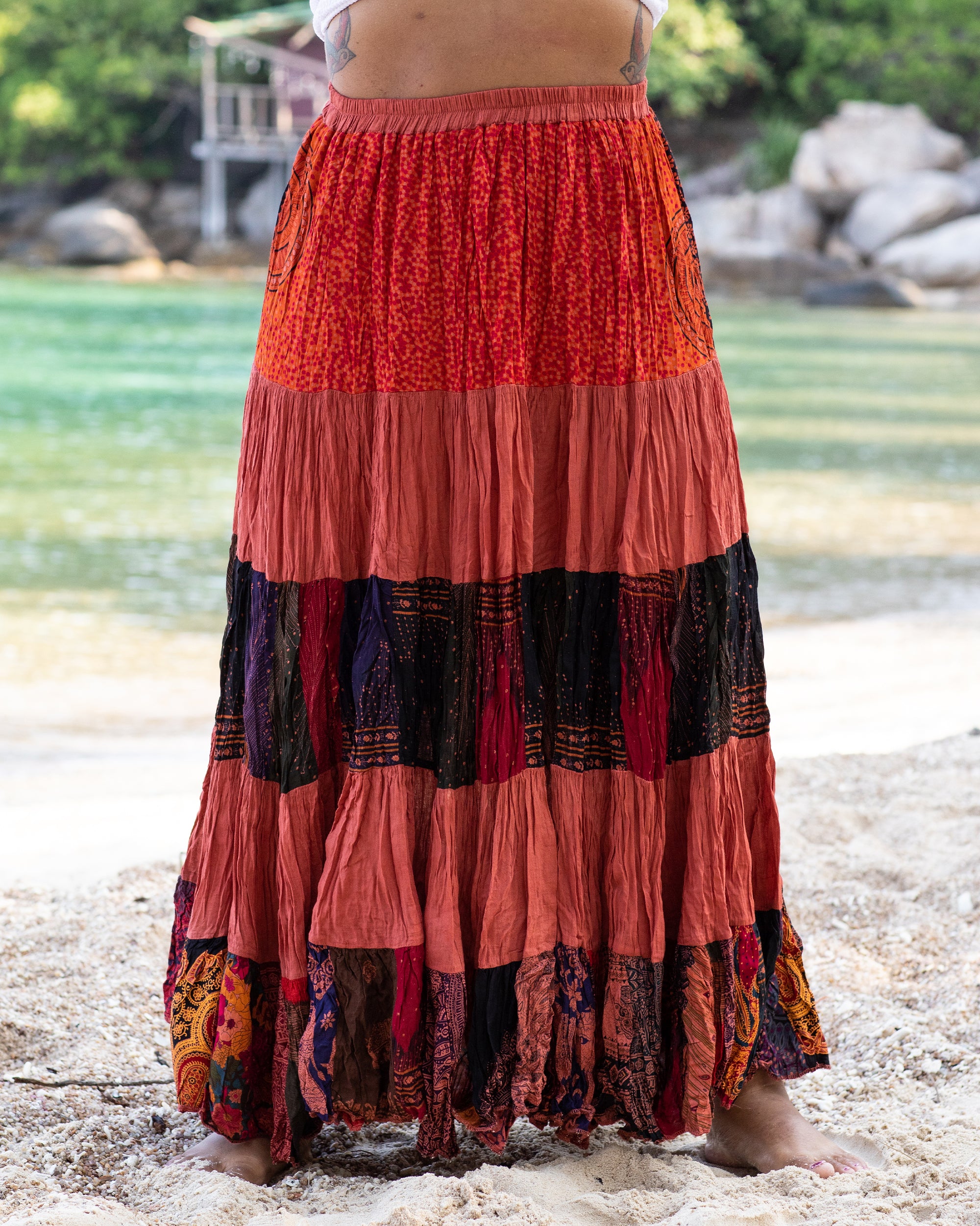 Plus Size Patchwork Long Skirt in Brick