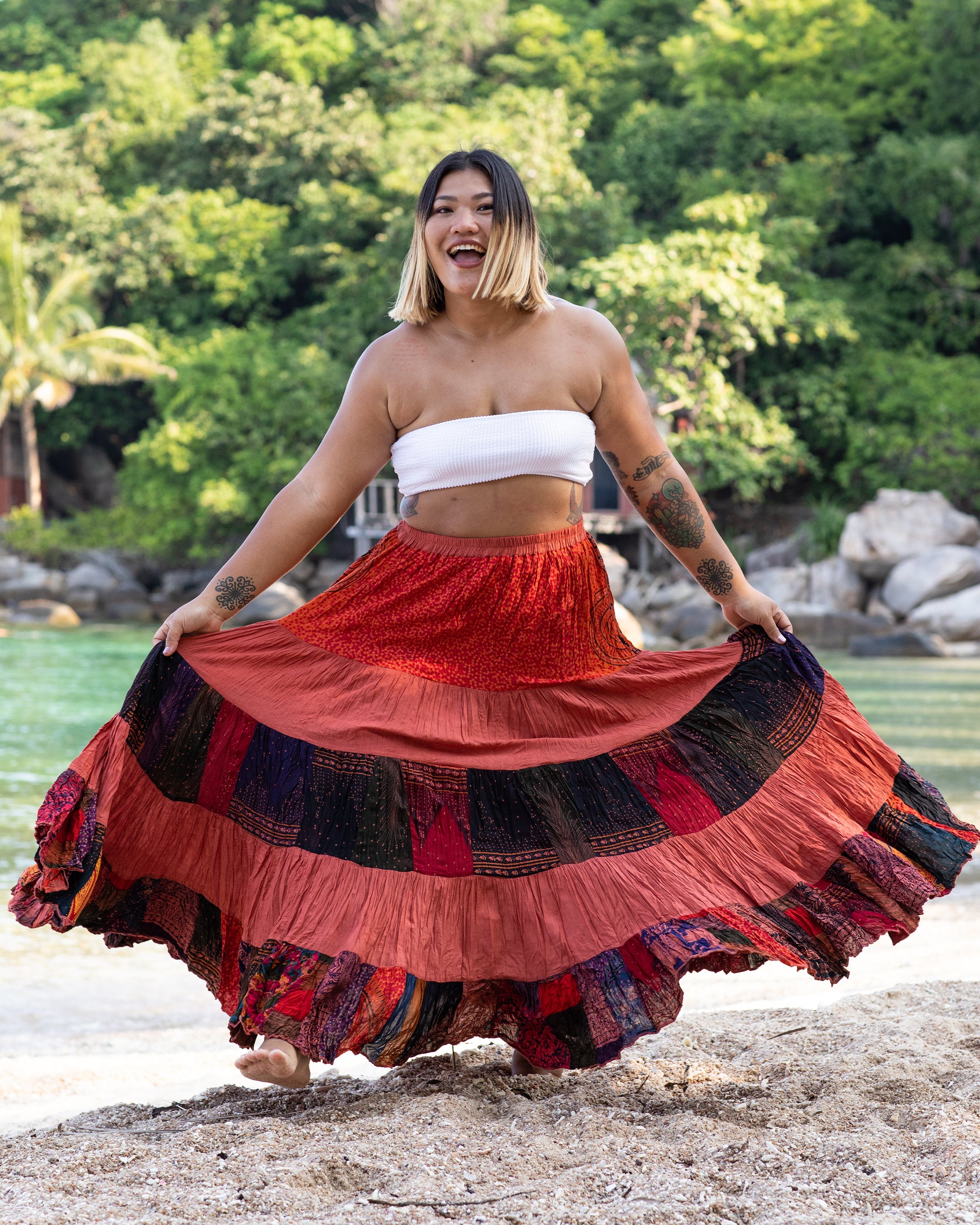 2778-Plus-Size-Patchwork-Long-Skirt-in-Brick-3.jpg Plus Size Patchwork Long Skirt in Brick