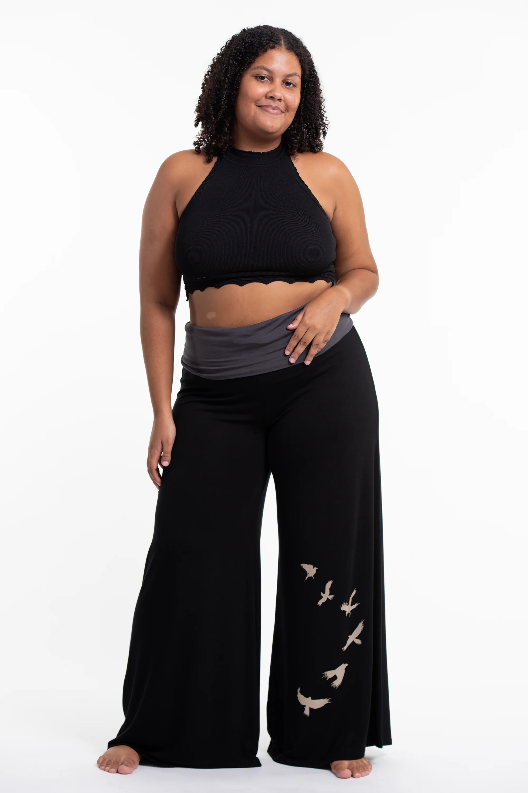 Plus Size Birds Print Wide Leg Palazzo Harem Pants Cotton Spandex in Black