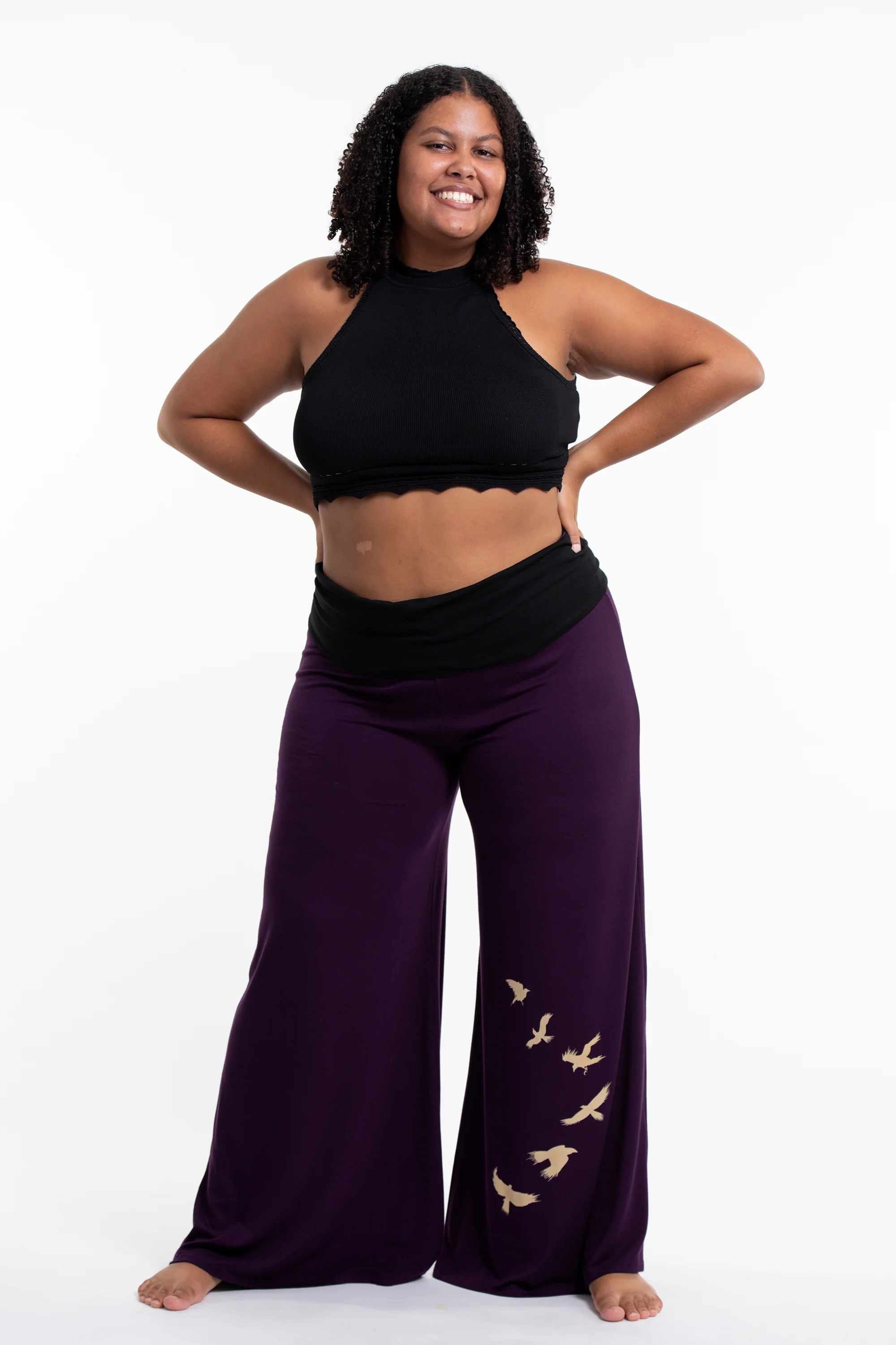 Plus Size Birds Print Wide Leg Palazzo Harem Pants Cotton Spandex in Purple