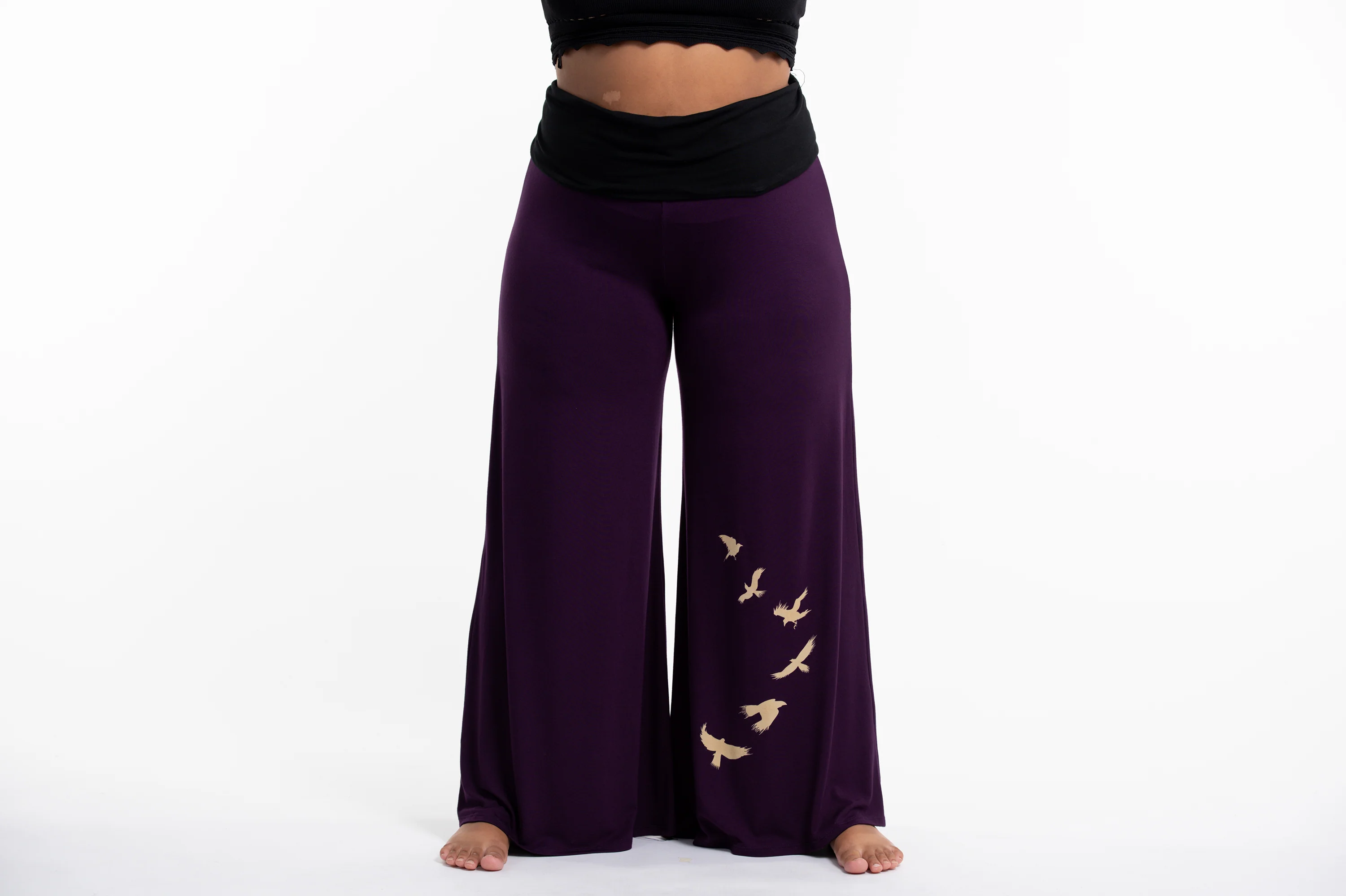 Plus Size Birds Print Wide Leg Palazzo Harem Pants Cotton Spandex in Purple