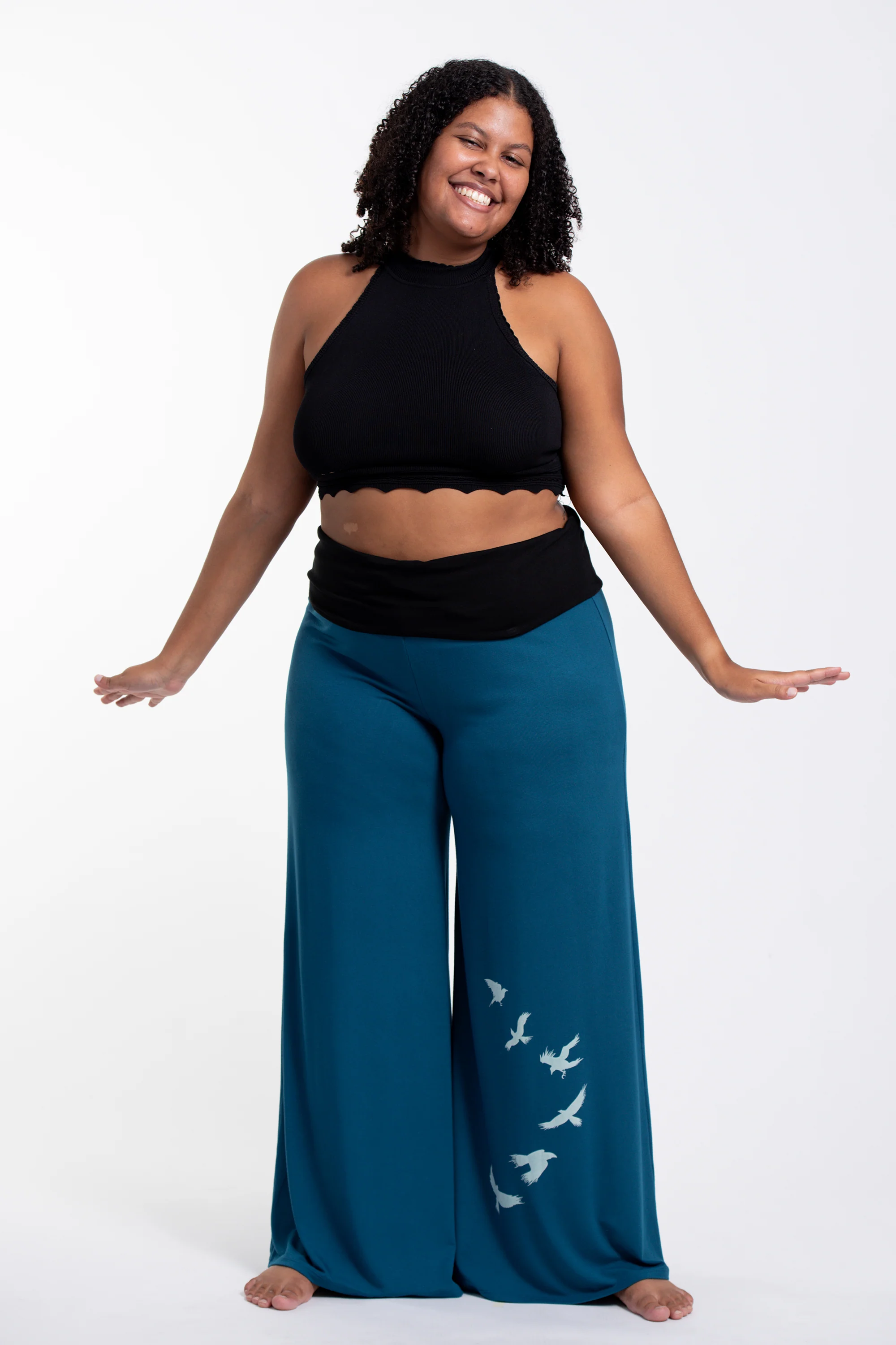 Plus Size Birds Print Wide Leg Palazzo Harem Pants Cotton Spandex in Turquoise