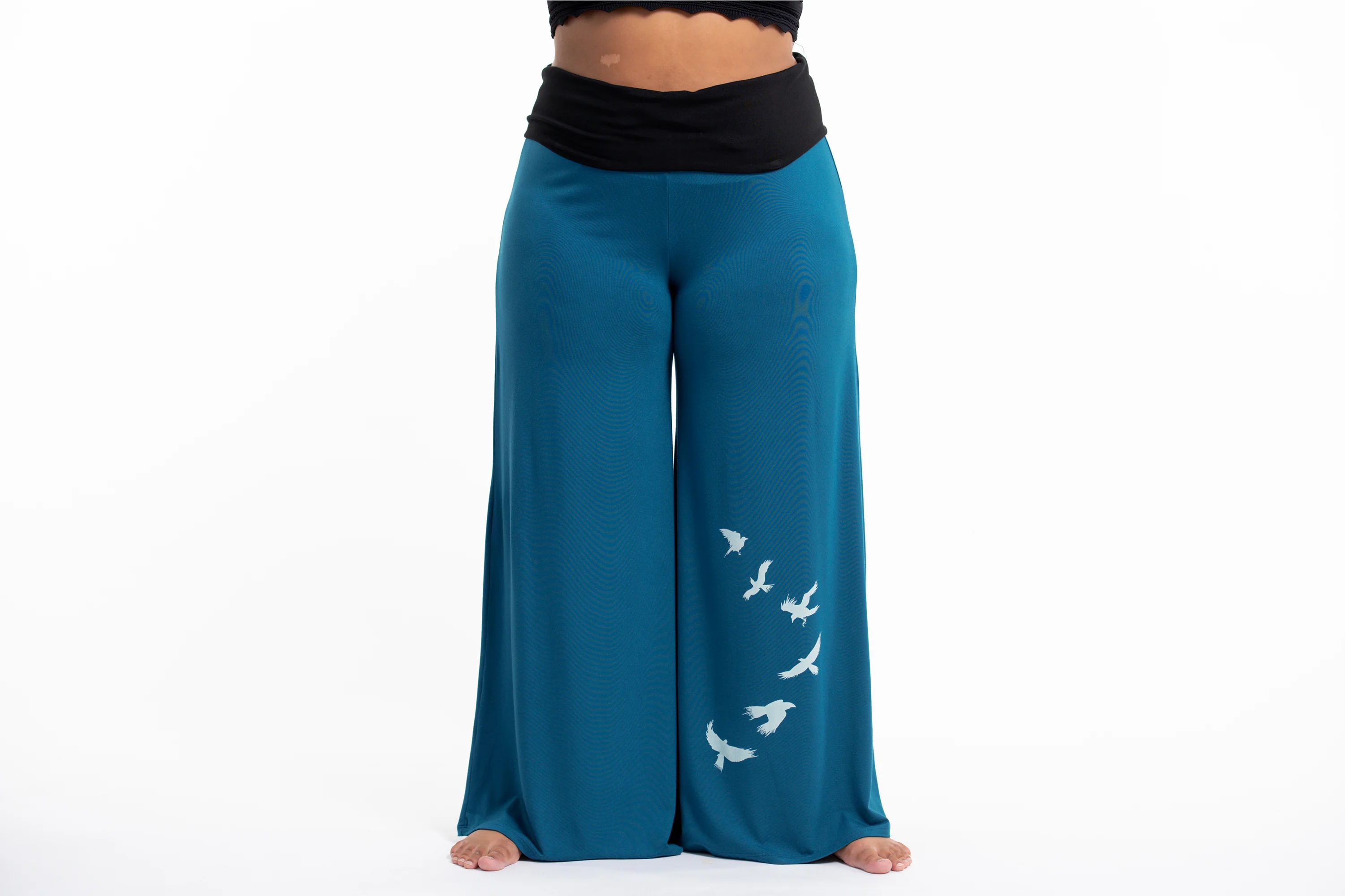Plus Size Birds Print Wide Leg Palazzo Harem Pants Cotton Spandex in Turquoise