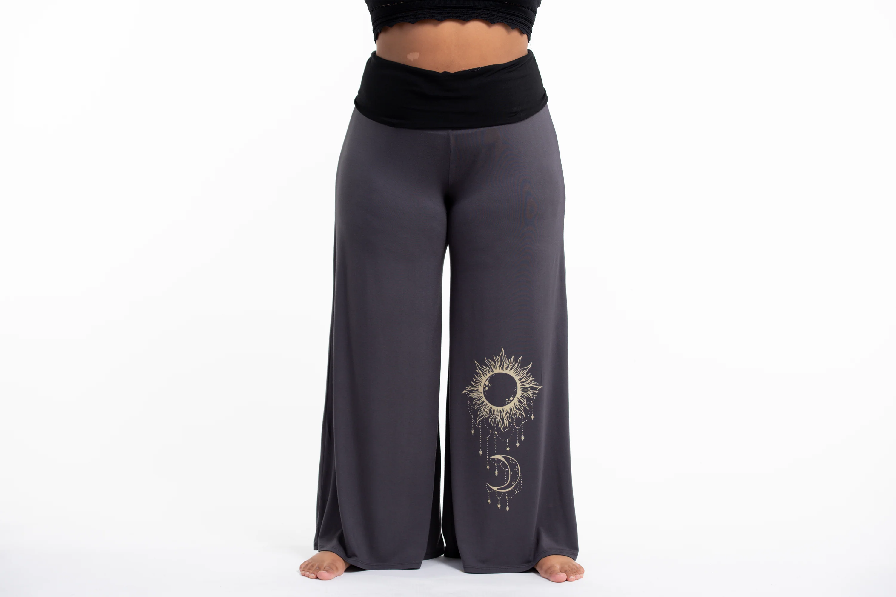 Plus Size Sun Moon Print Wide Leg Palazzo Harem Pants Cotton Spandex in Gray