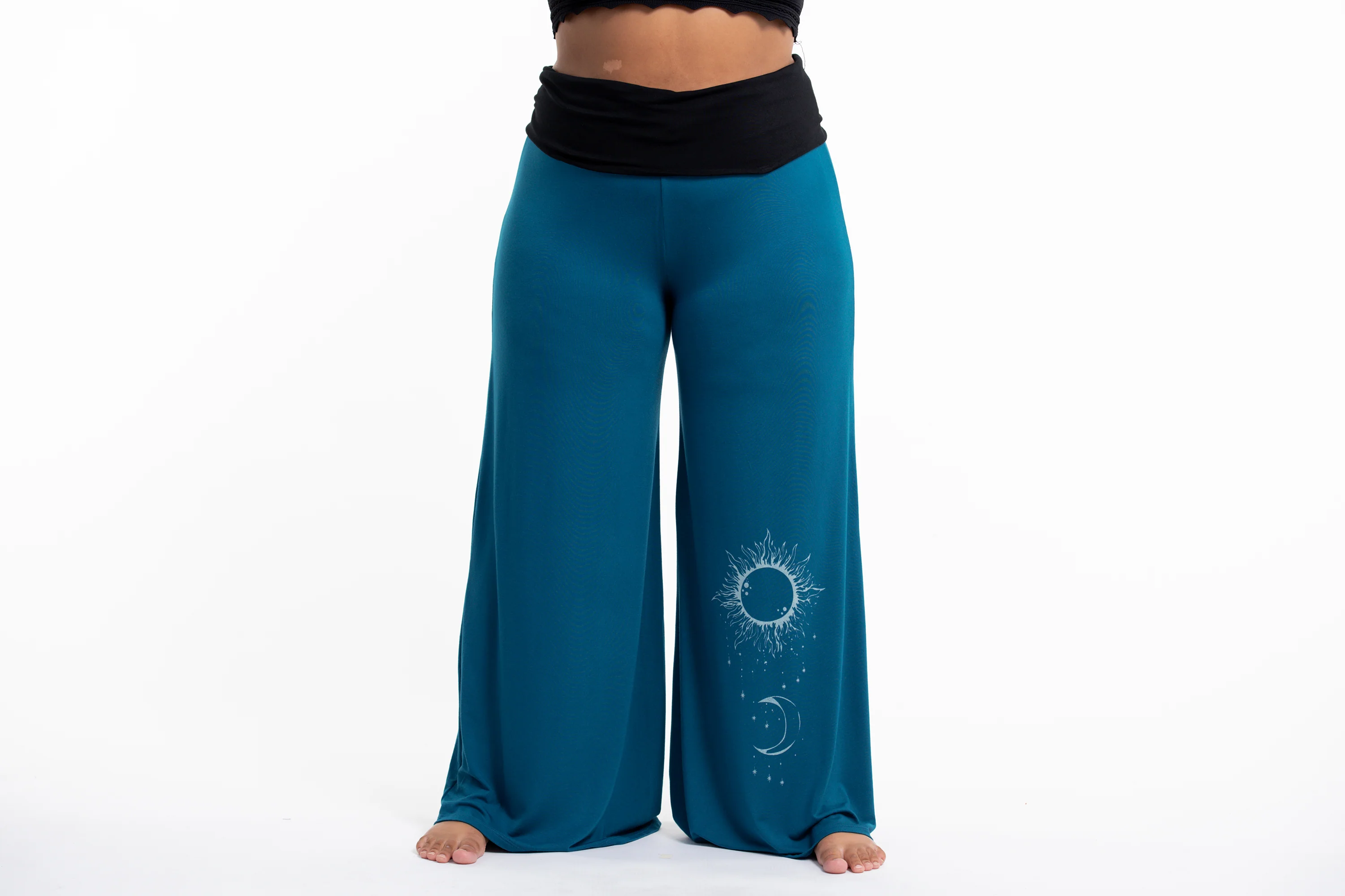 Plus Size Sun Moon Print Wide Leg Palazzo Harem Pants Cotton Spandex in Turquoise