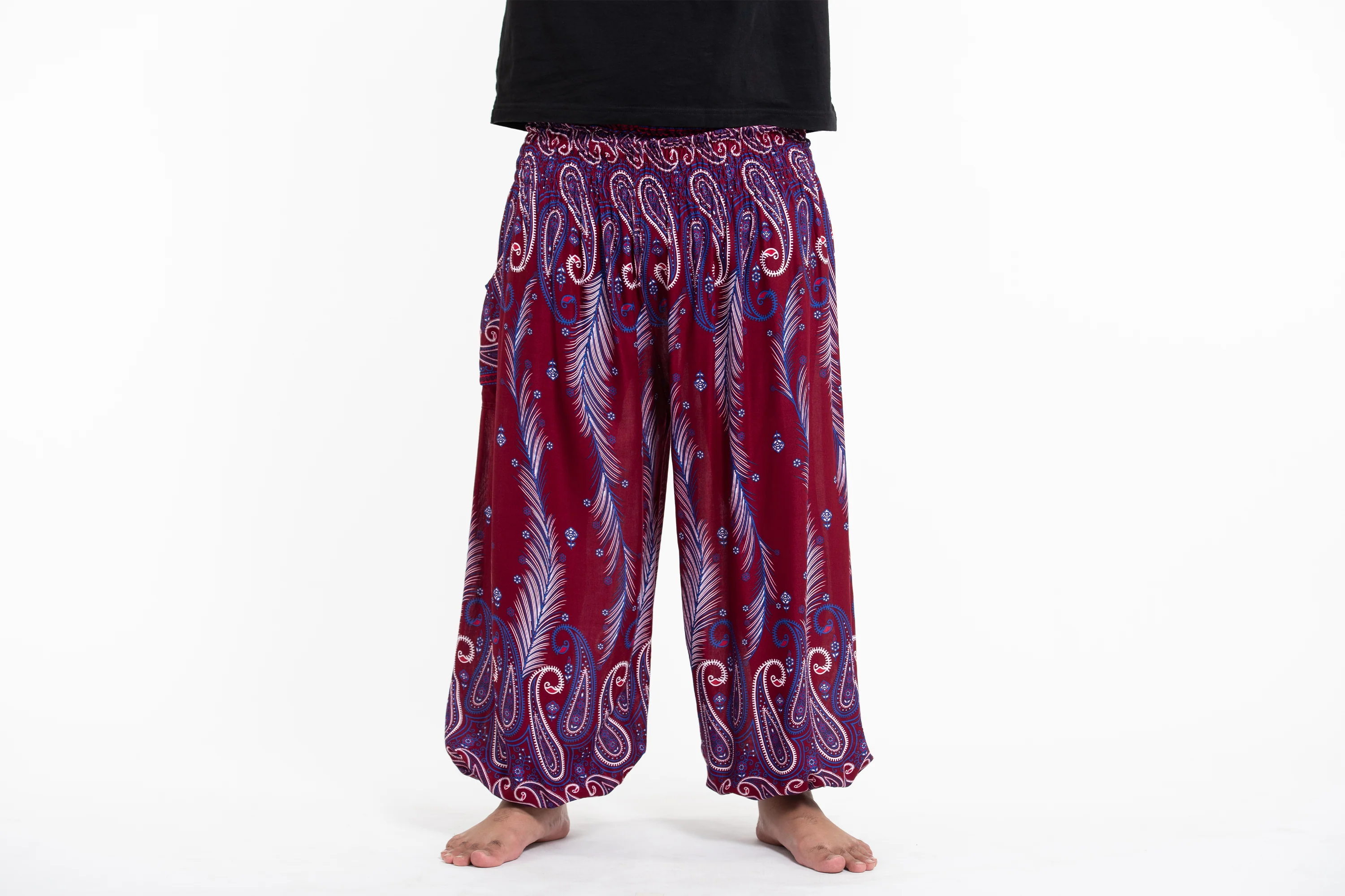 Plus Size Paisley Feathers Men's Harem Pants in Red