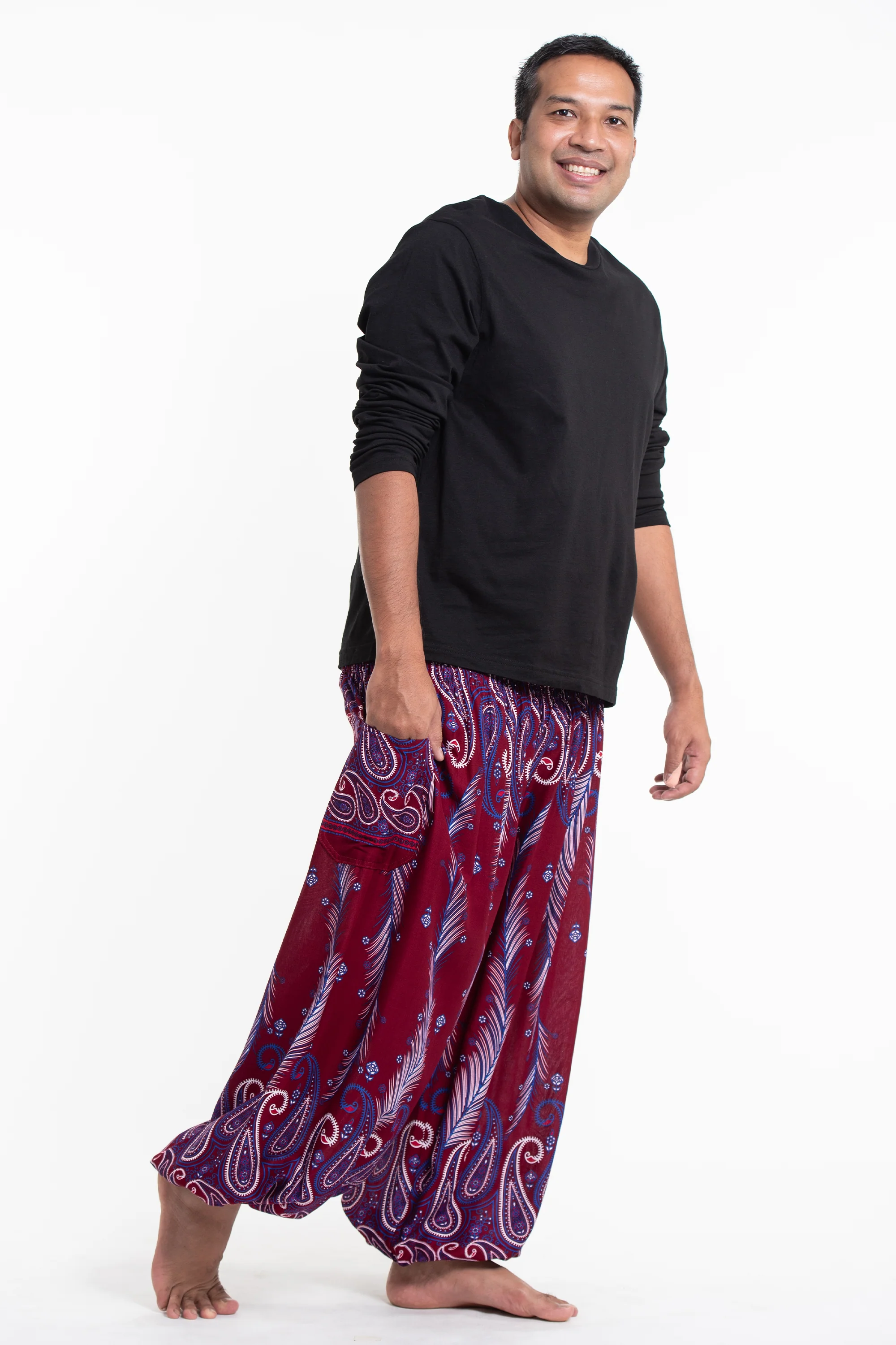2784-Plus-Size-Paisley-Feathers-Men-s-Harem-Pants-in-Red-3.webp Plus Size Paisley Feathers Men's Harem Pants in Red