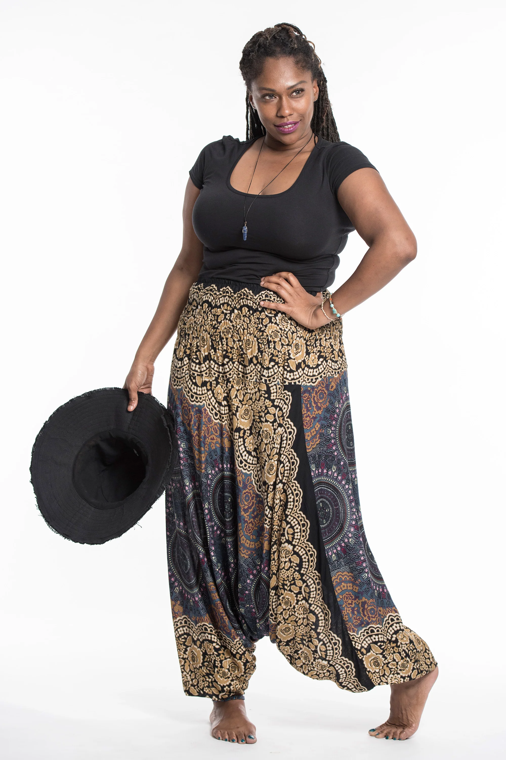Plus Size Trishula Mandalas 2-in-1 Jumpsuit Harem Pants in Gold