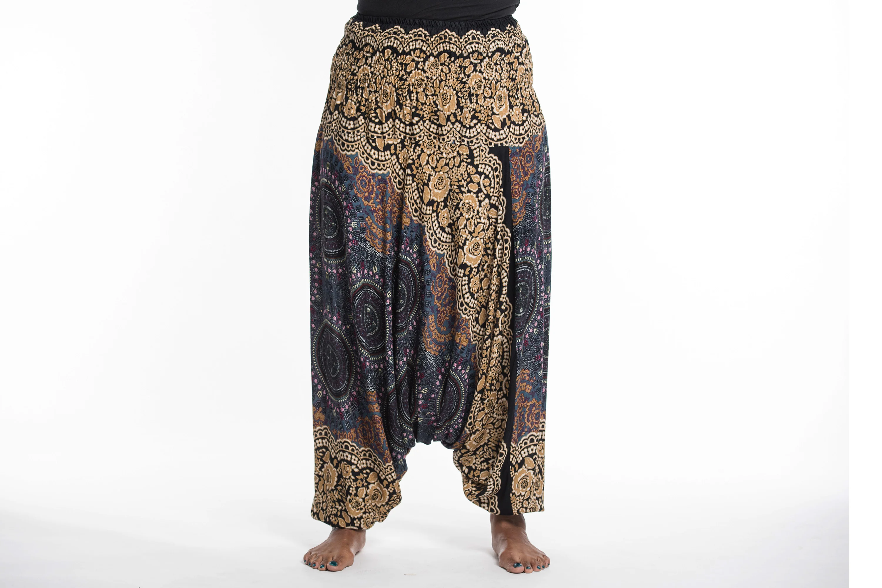 Plus Size Trishula Mandalas 2-in-1 Jumpsuit Harem Pants in Gold