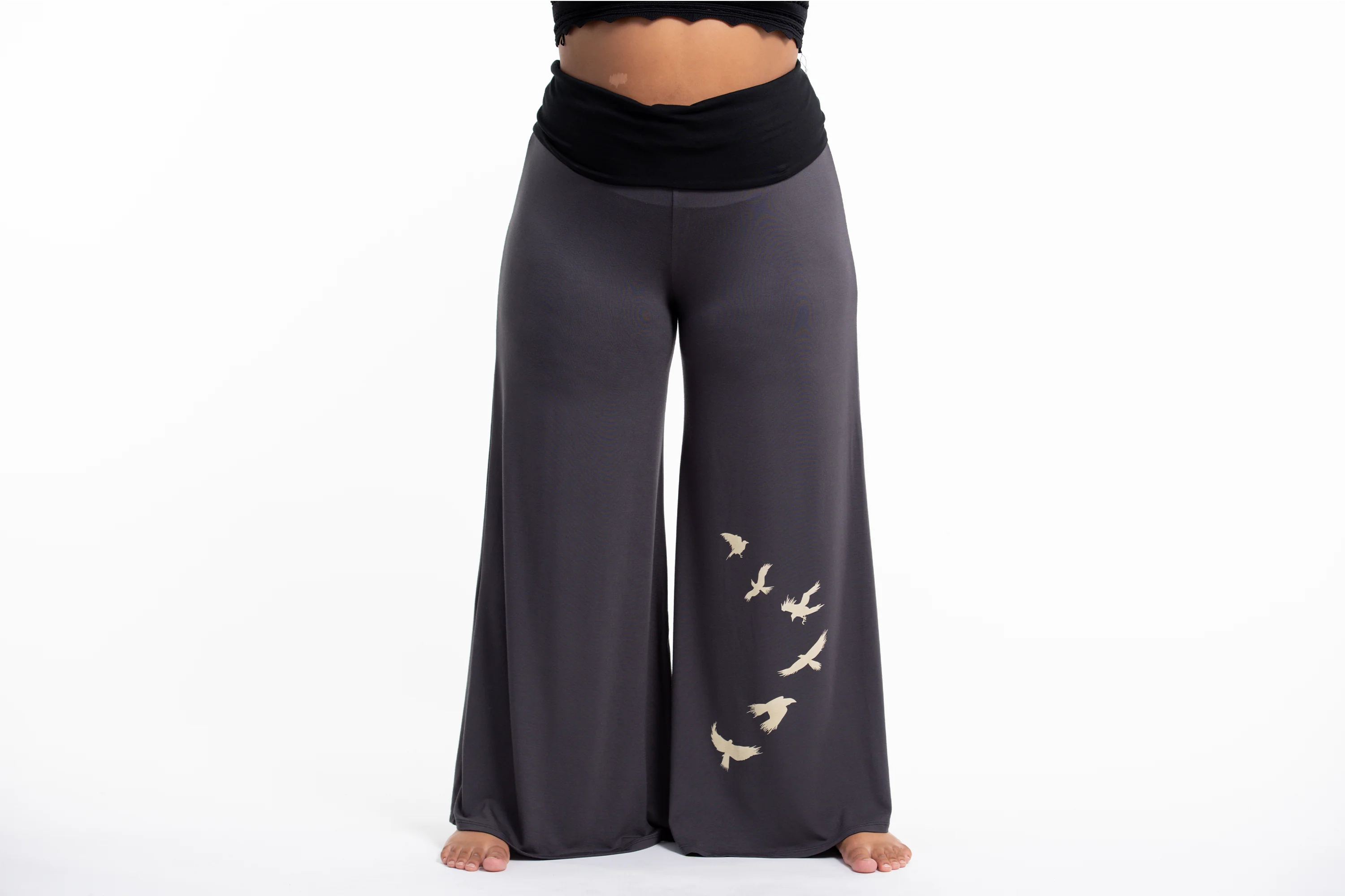 Plus Size Birds Print Wide Leg Palazzo Harem Pants Cotton Spandex in Gray