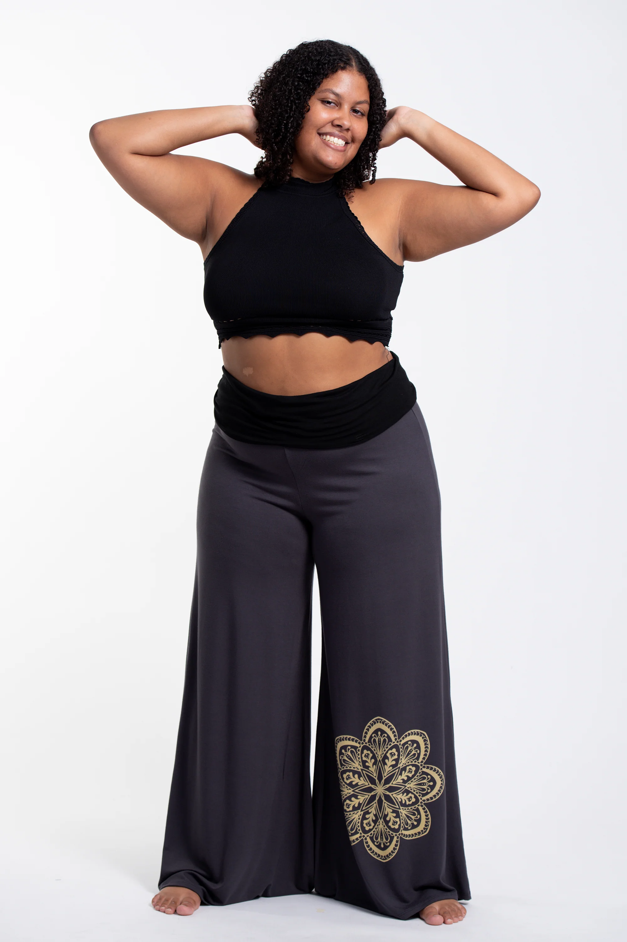 Plus Size Mandala Print Wide Leg Palazzo Harem Pants Cotton Spandex in Gray