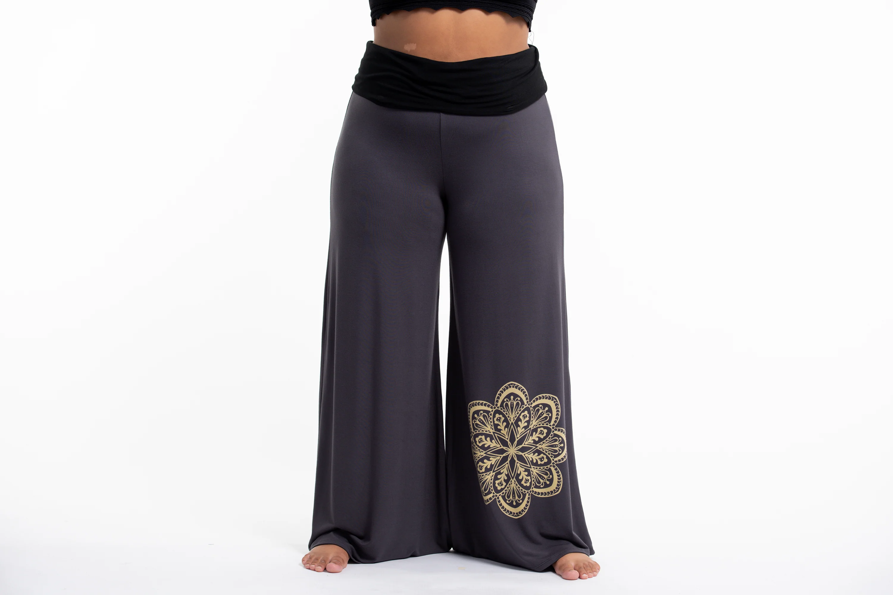 Plus Size Mandala Print Wide Leg Palazzo Harem Pants Cotton Spandex in Gray