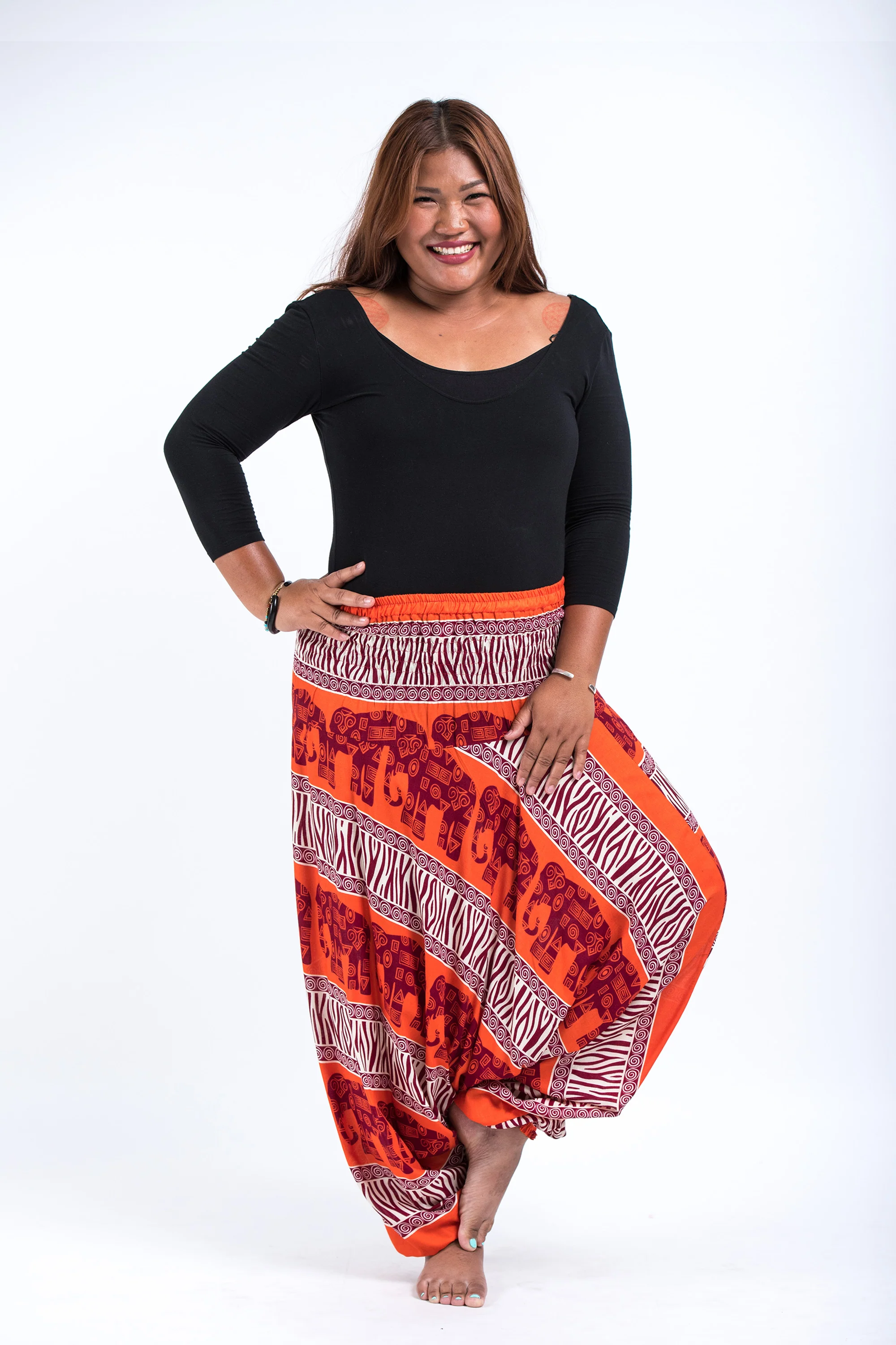 Plus Size Safari Elephant 2-in-1 Jumpsuit Elephant Pants in Orange