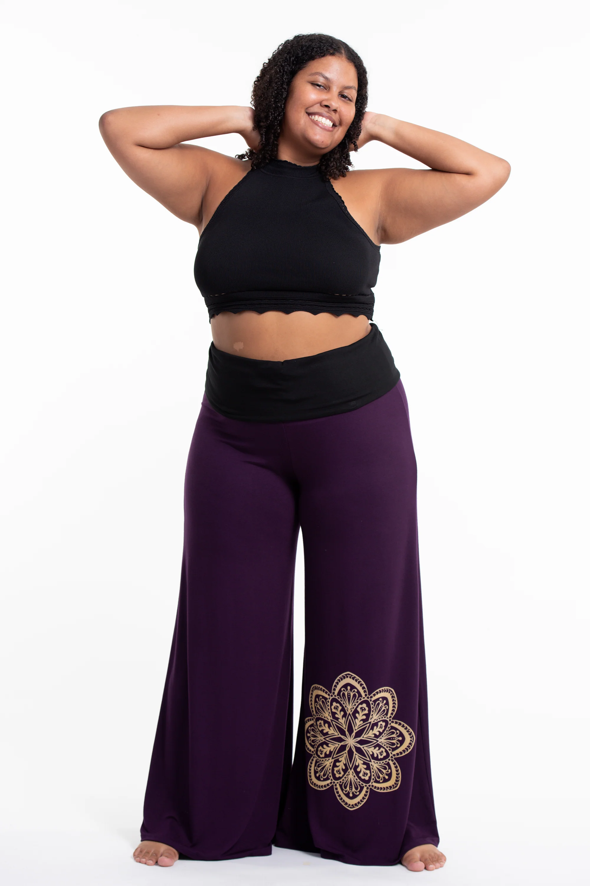 Plus Size Mandala Print Wide Leg Palazzo Harem Pants Cotton Spandex in Purple