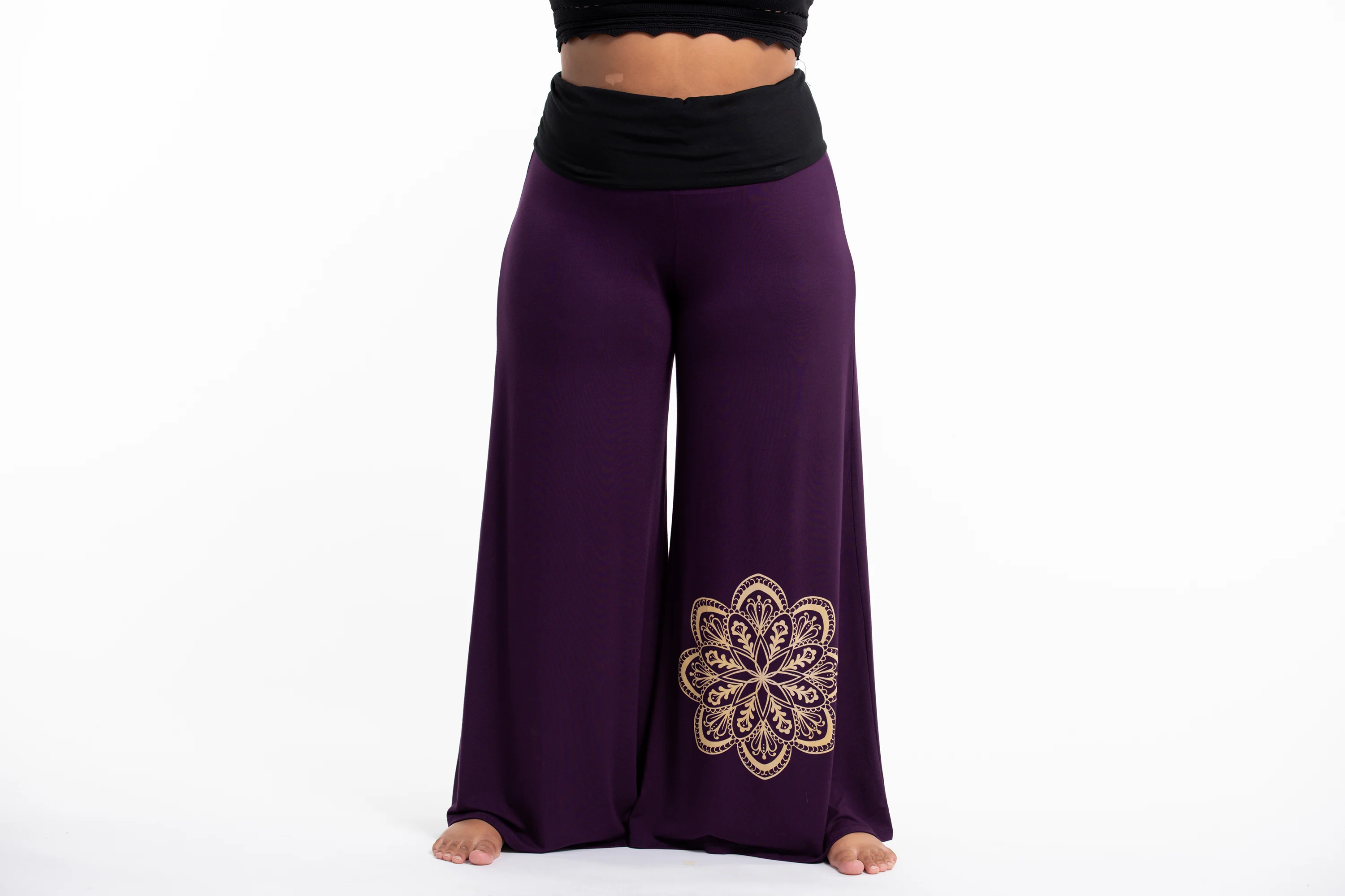 Plus Size Mandala Print Wide Leg Palazzo Harem Pants Cotton Spandex in Purple
