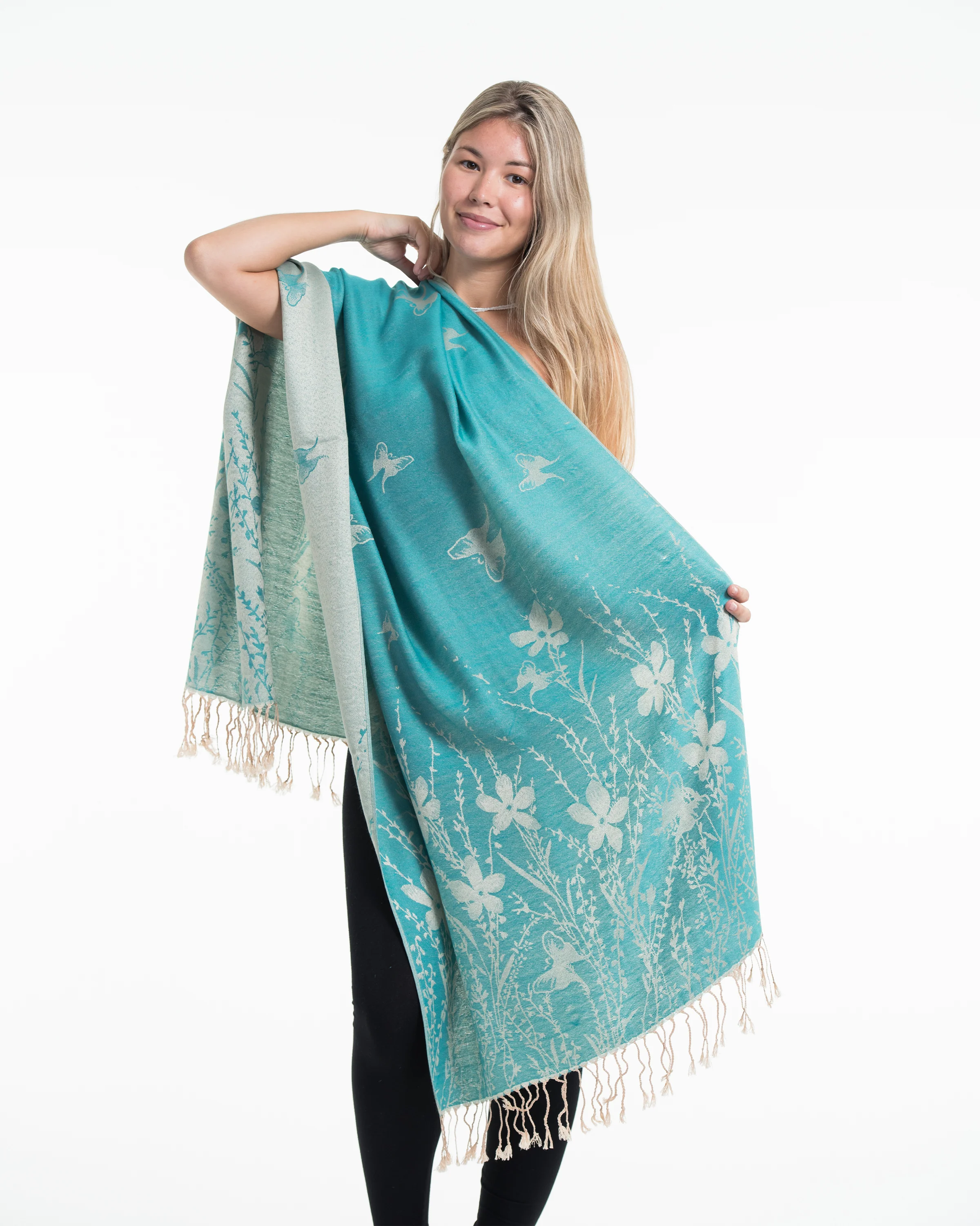 Nepal Floral Butterfly Pashmina Shawl Scarf in Turquoise