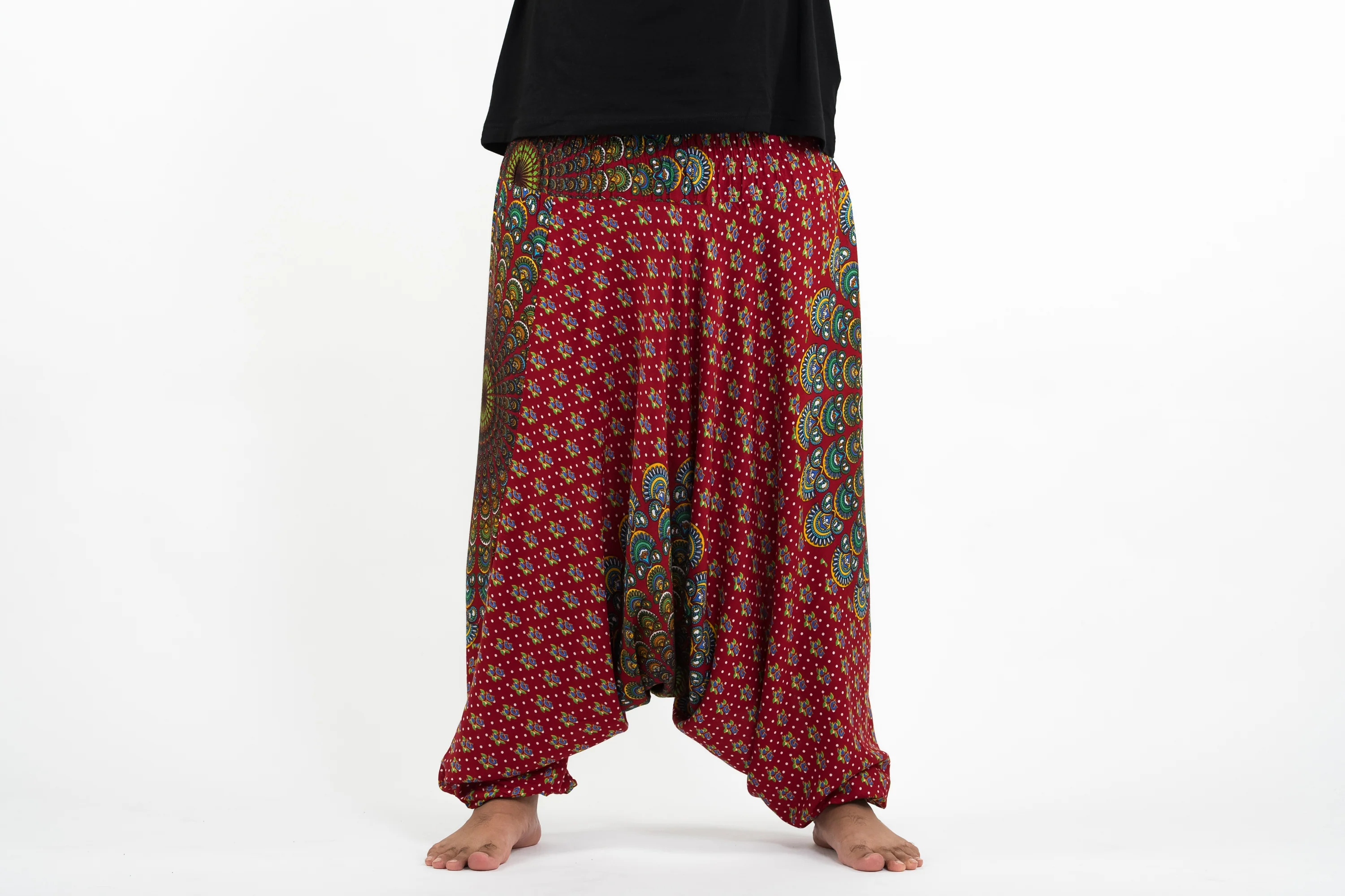 2800-Plus-Size-Peacock-Mandalas-Drop-Crotch-Men-s-Harem-Pants-in-Red-2.webp Plus Size Peacock Mandalas Drop Crotch Men's Harem Pants in Red