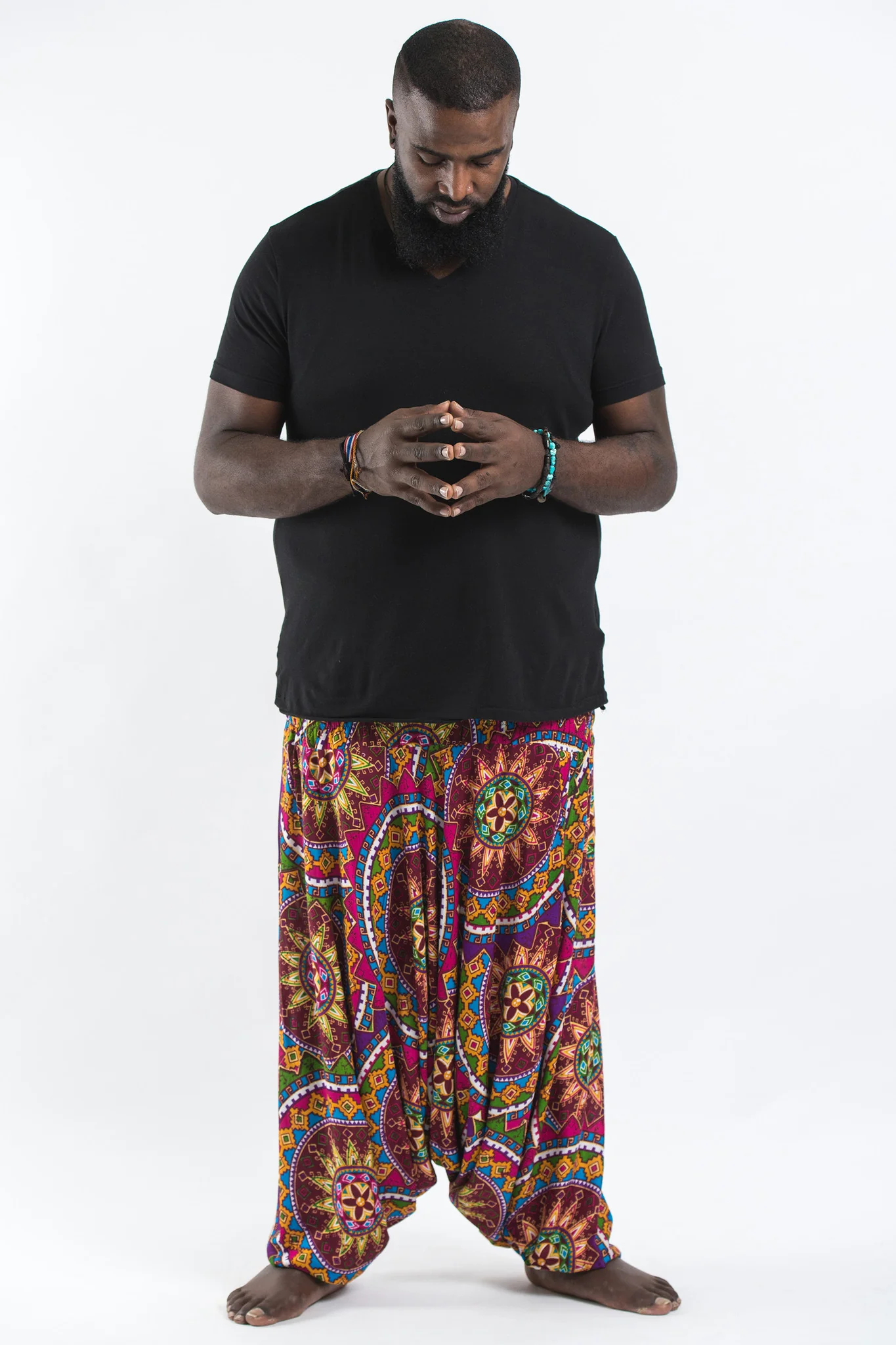 Plus Size Star Mandalas Drop Crotch Men's Harem Pants in Maroon