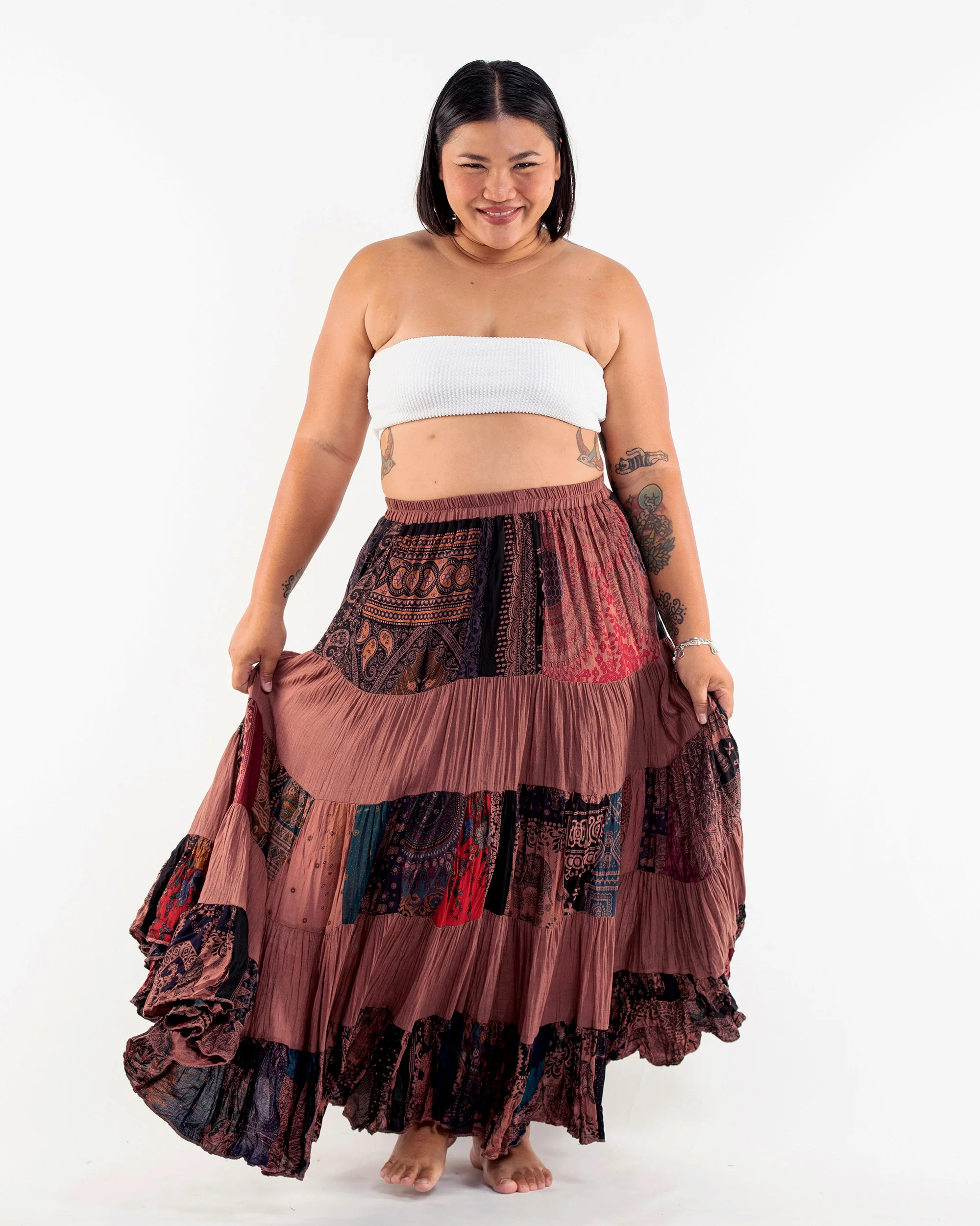 Plus Size Patchwork Long Skirt in Light Brown