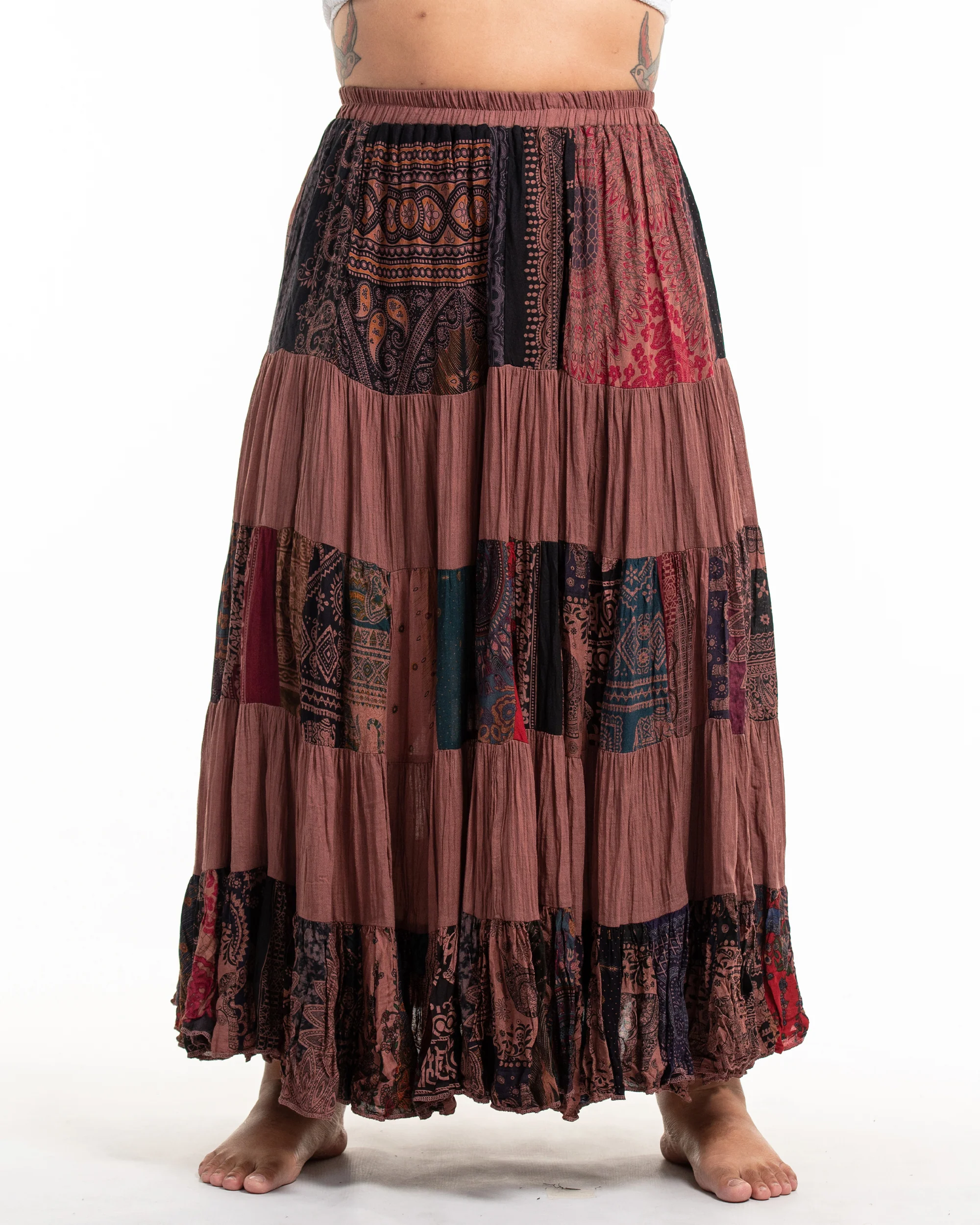 Plus Size Patchwork Long Skirt in Light Brown