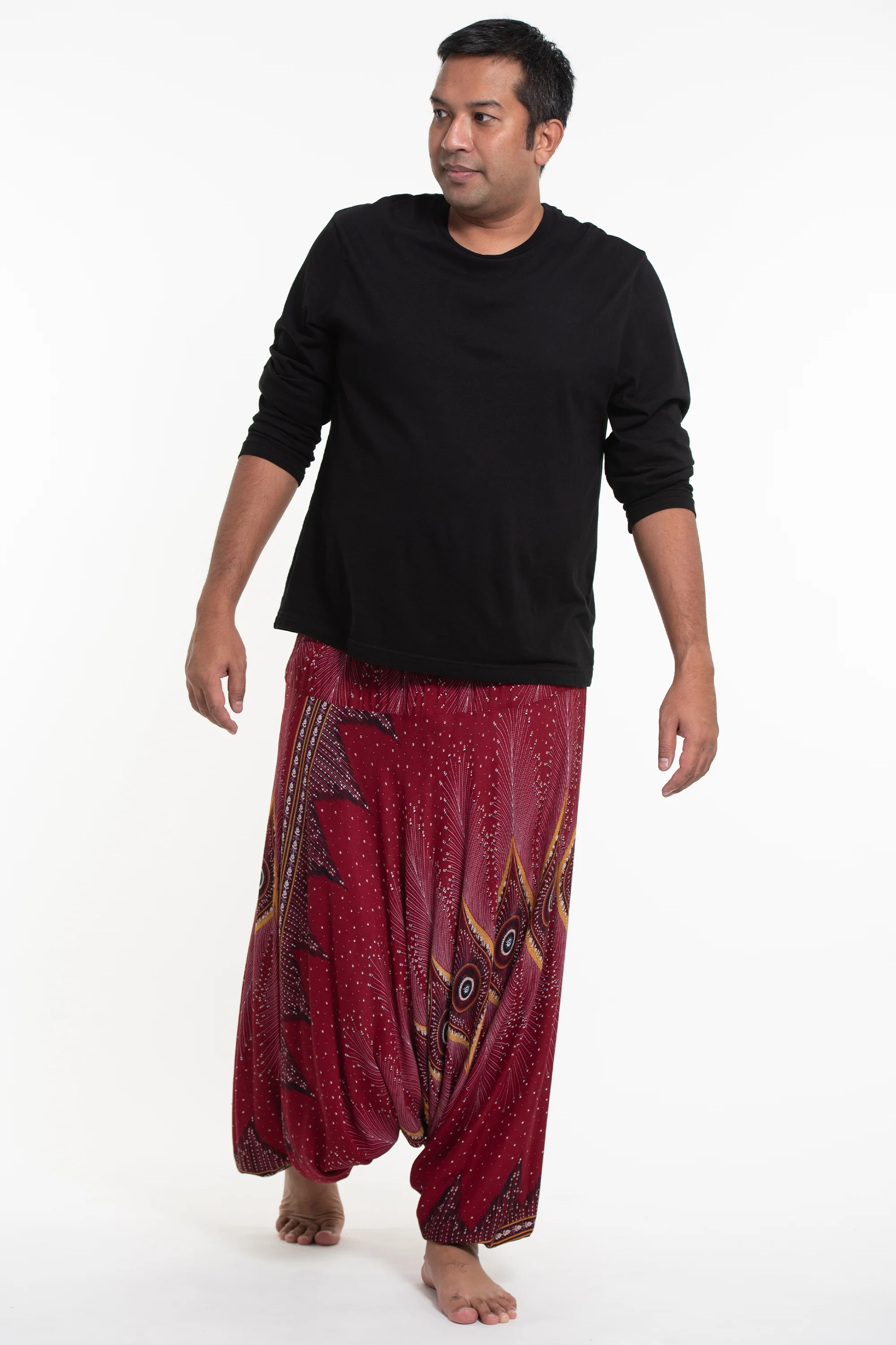 Plus Size Diamond Peacock Drop Crotch Men's Harem Pants in Red