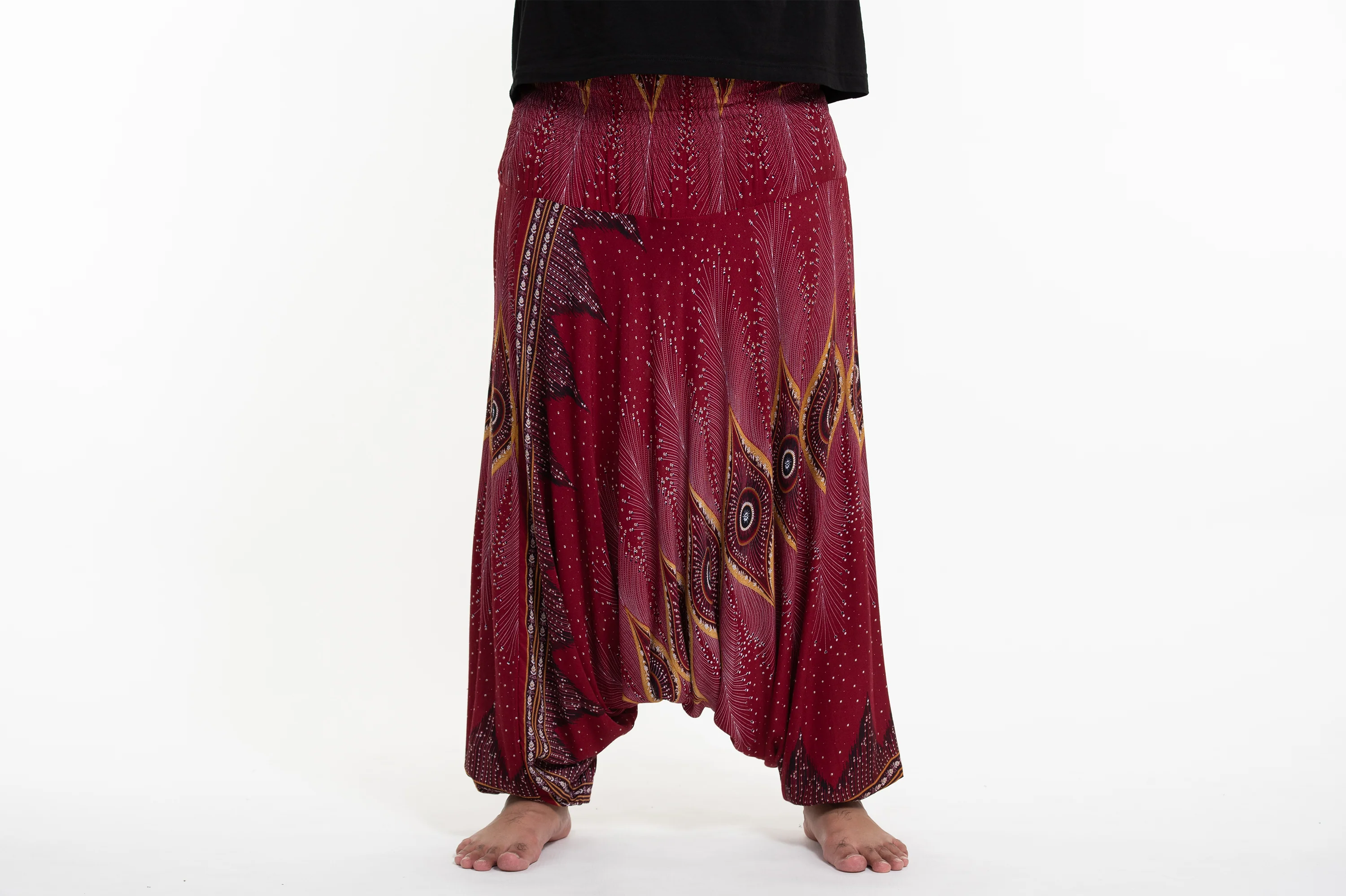 Plus Size Diamond Peacock Drop Crotch Men's Harem Pants in Red