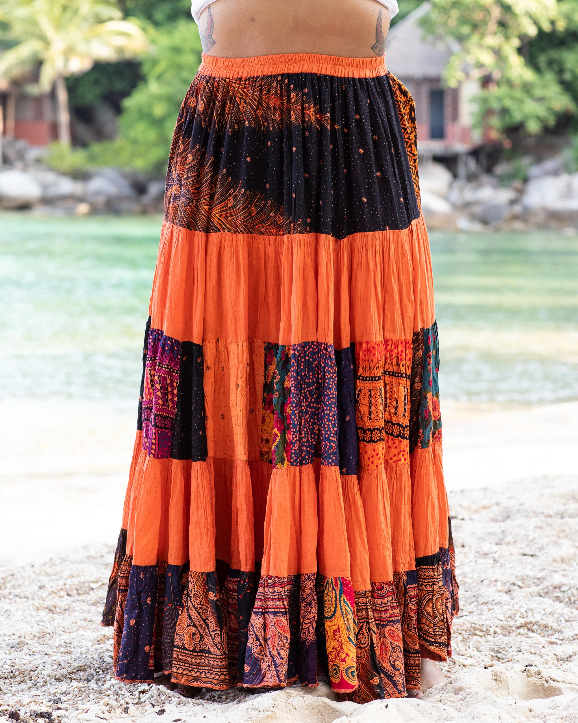 Plus Size Patchwork Long Skirt in Bright Orange
