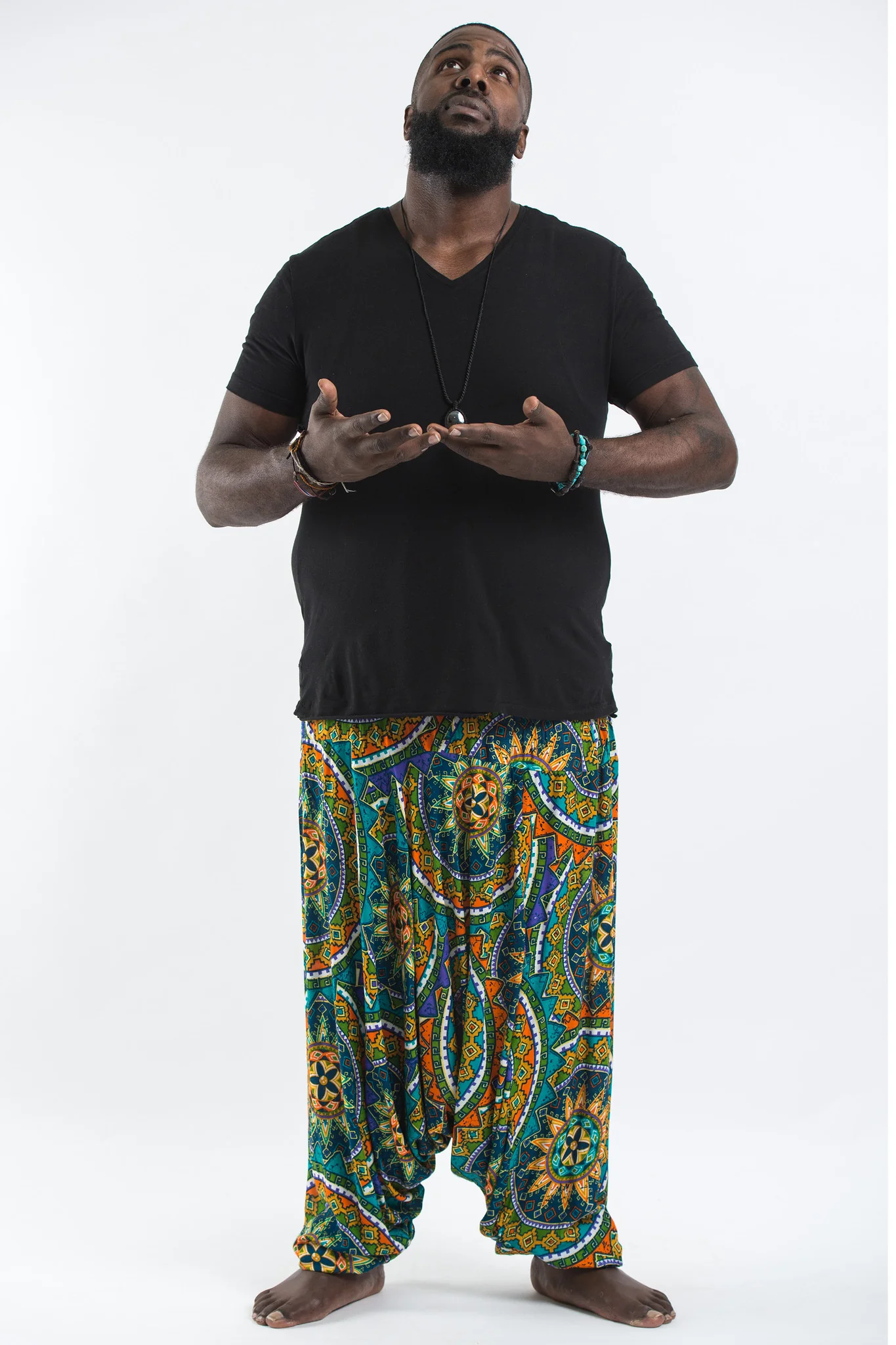 Plus Size Star Mandalas Drop Crotch Men's Harem Pants in Turquoise