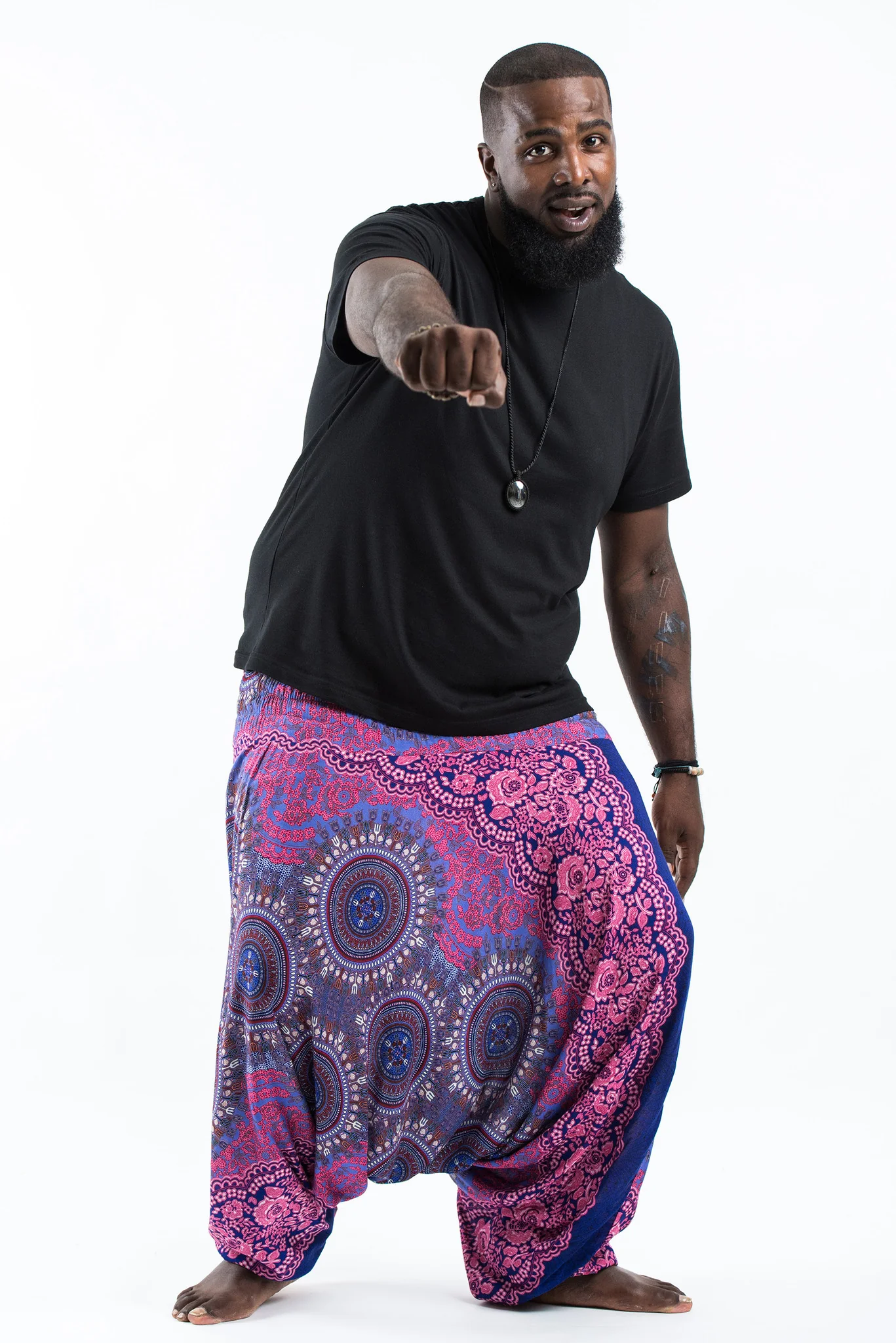 Plus Size Trishula Mandalas Drop Crotch Men's Harem Pants in Blue