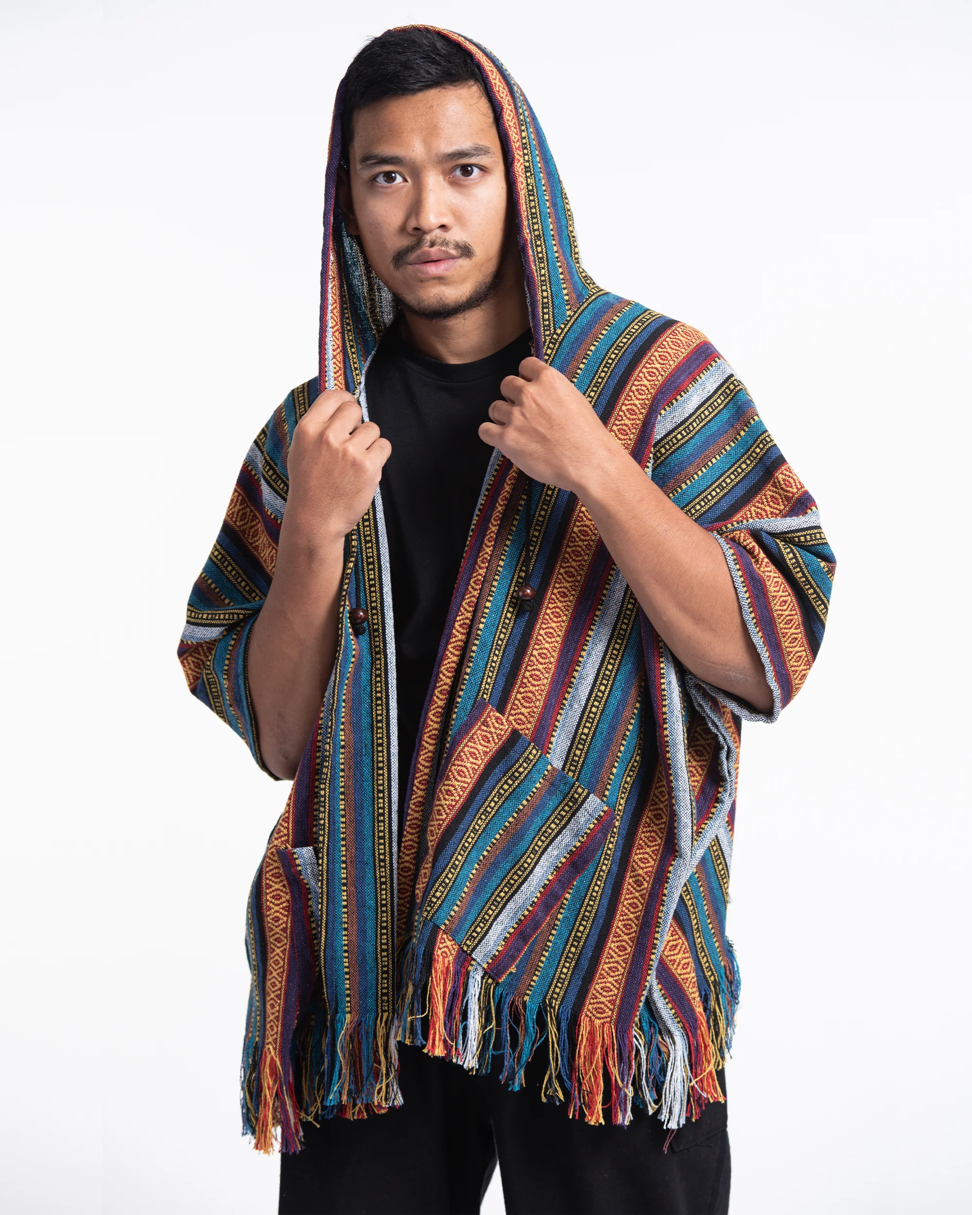 2810-Hill-Tribe-Cotton-Hooded-Poncho-Jacket-in-Blue-Orange-3.webp Hill Tribe Cotton Hooded Poncho Jacket in Blue Orange