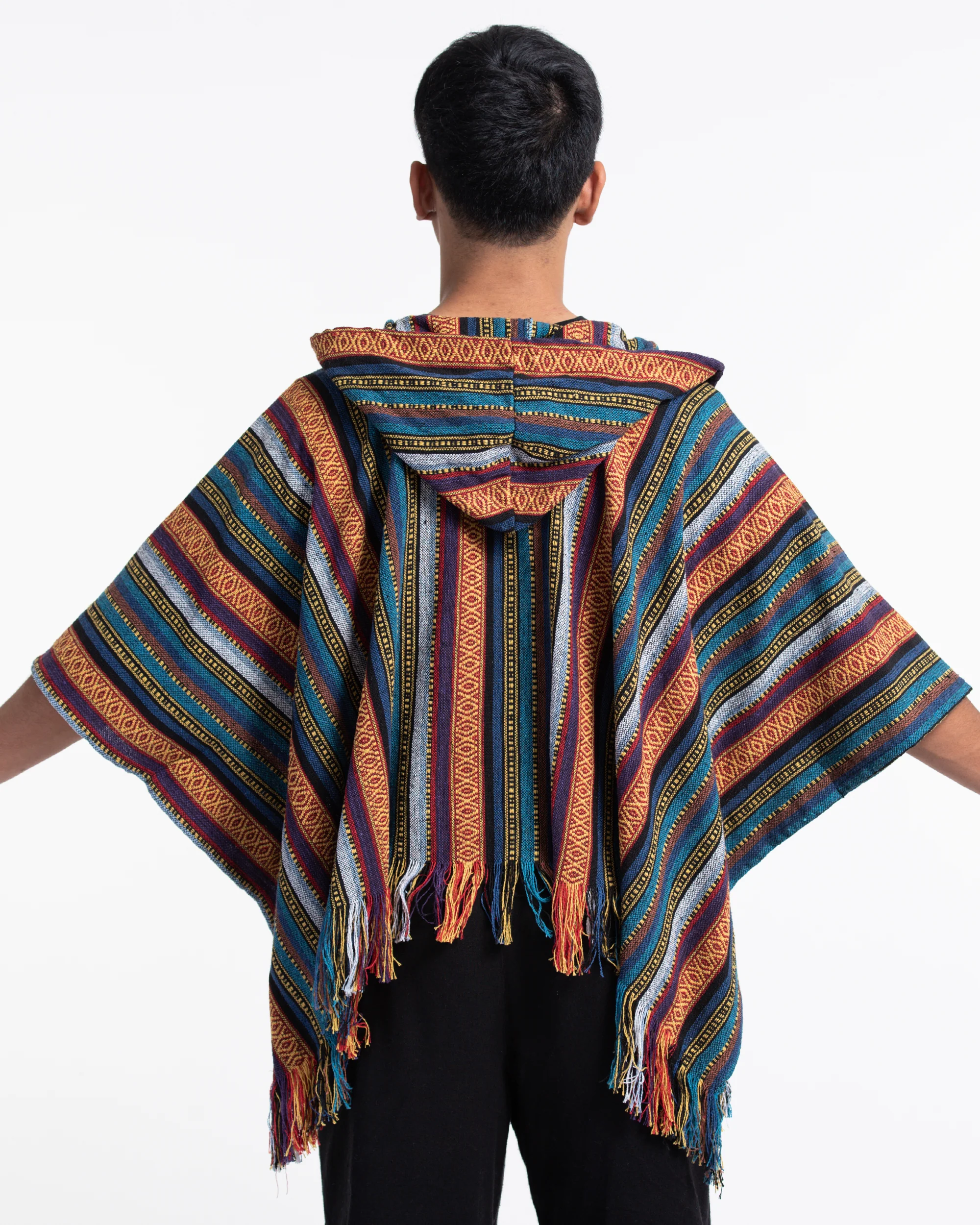 2810-Hill-Tribe-Cotton-Hooded-Poncho-Jacket-in-Blue-Orange-4.webp Hill Tribe Cotton Hooded Poncho Jacket in Blue Orange
