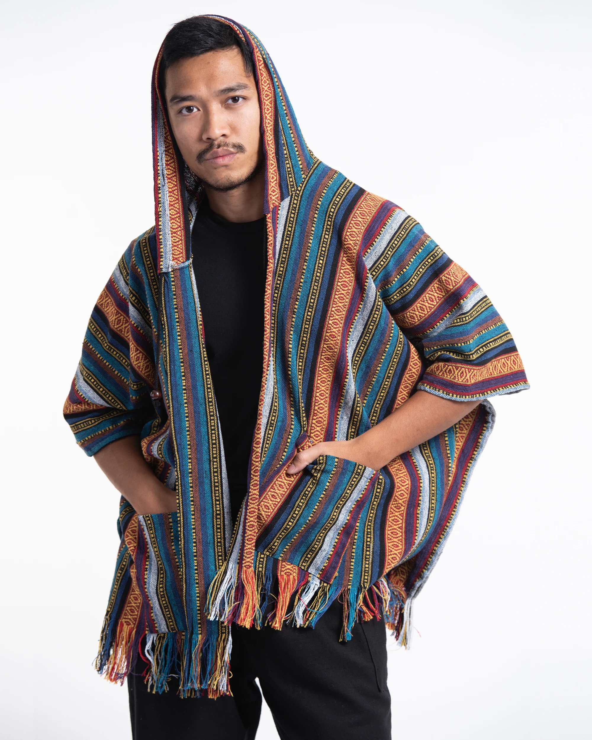 2810-Hill-Tribe-Cotton-Hooded-Poncho-Jacket-in-Blue-Orange-5.webp Hill Tribe Cotton Hooded Poncho Jacket in Blue Orange