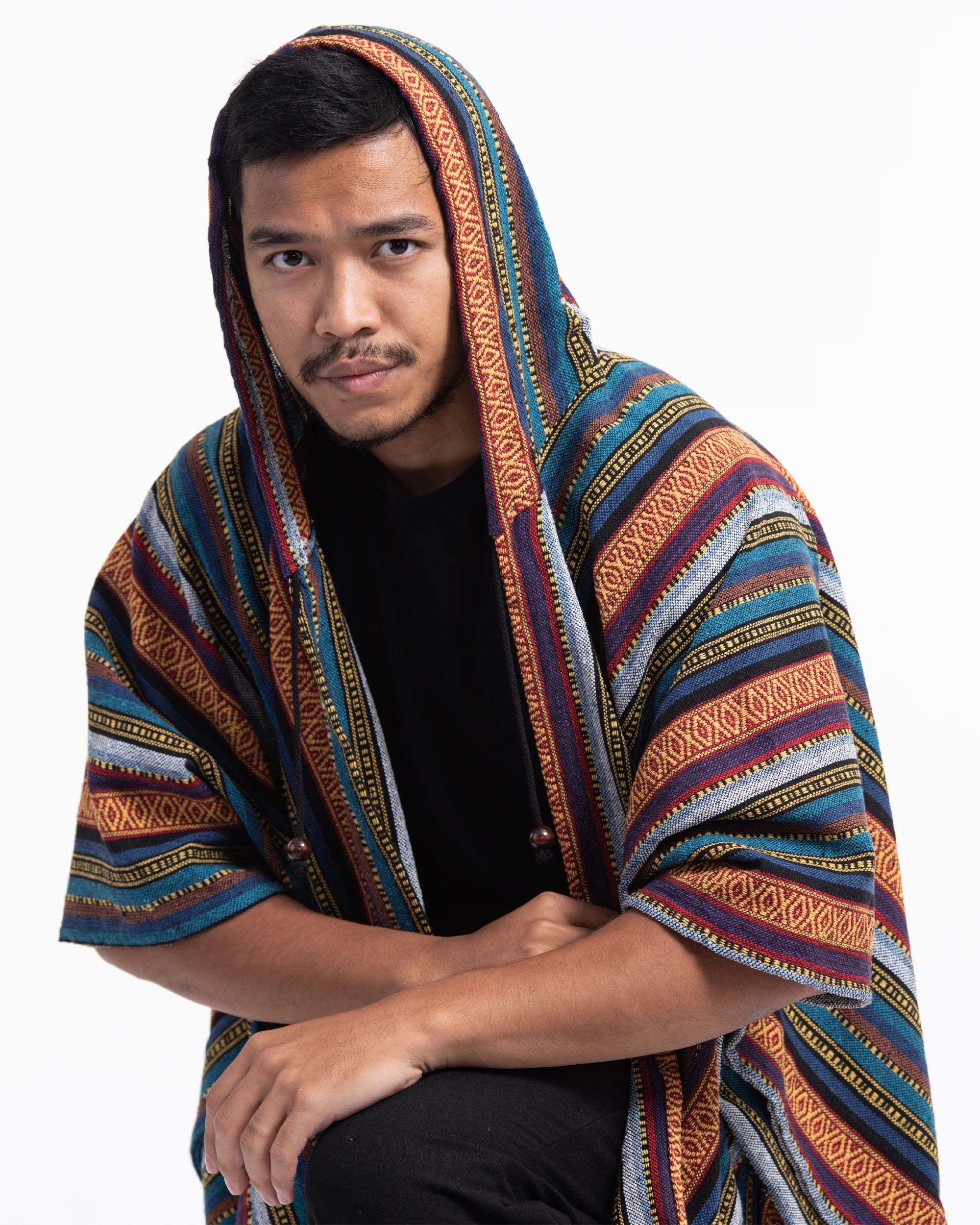 2810-Hill-Tribe-Cotton-Hooded-Poncho-Jacket-in-Blue-Orange-6.webp Hill Tribe Cotton Hooded Poncho Jacket in Blue Orange