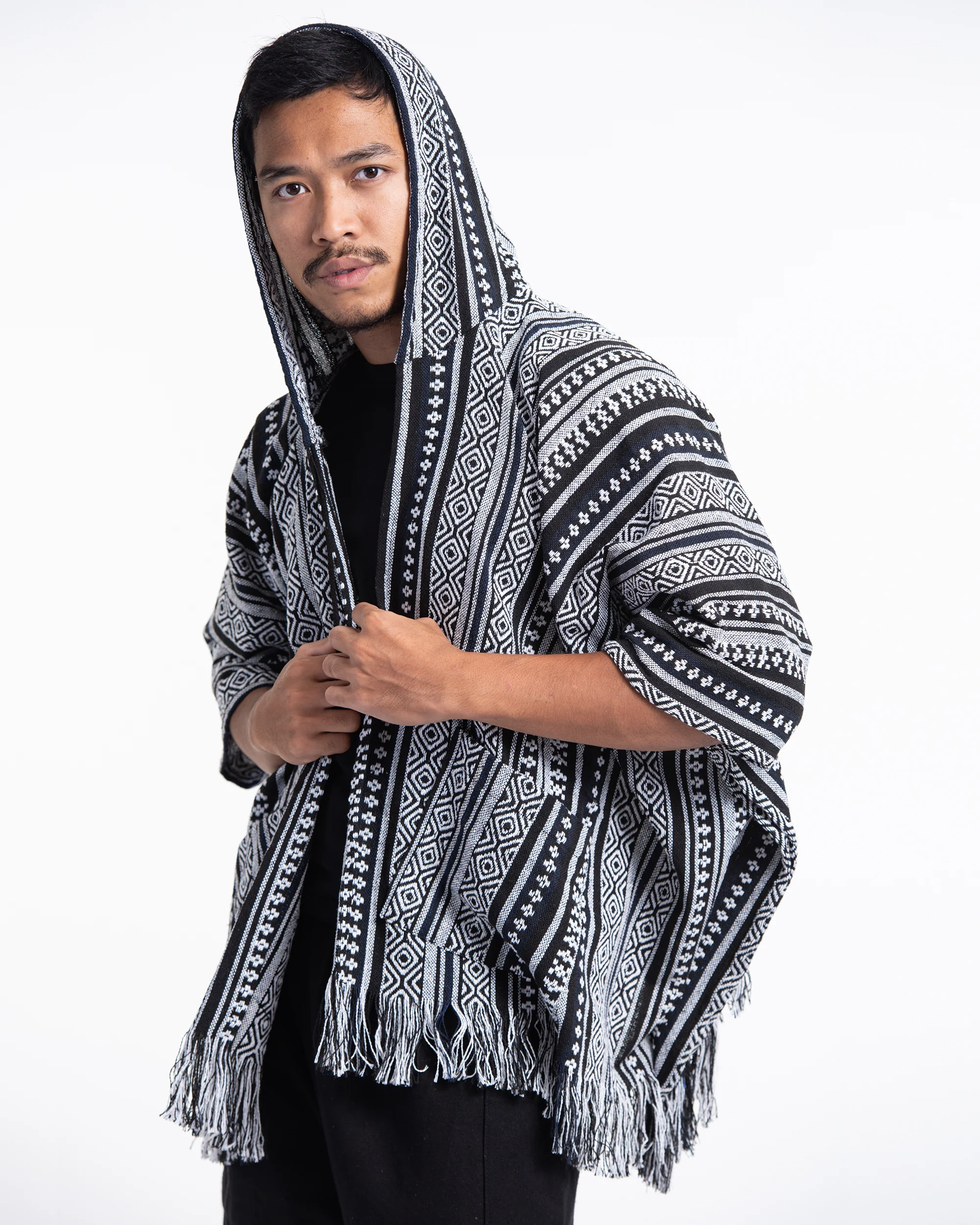 2811-Hill-Tribe-Cotton-Hooded-Poncho-Jacket-in-Black-White-4.webp Hill Tribe Cotton Hooded Poncho Jacket in Black White