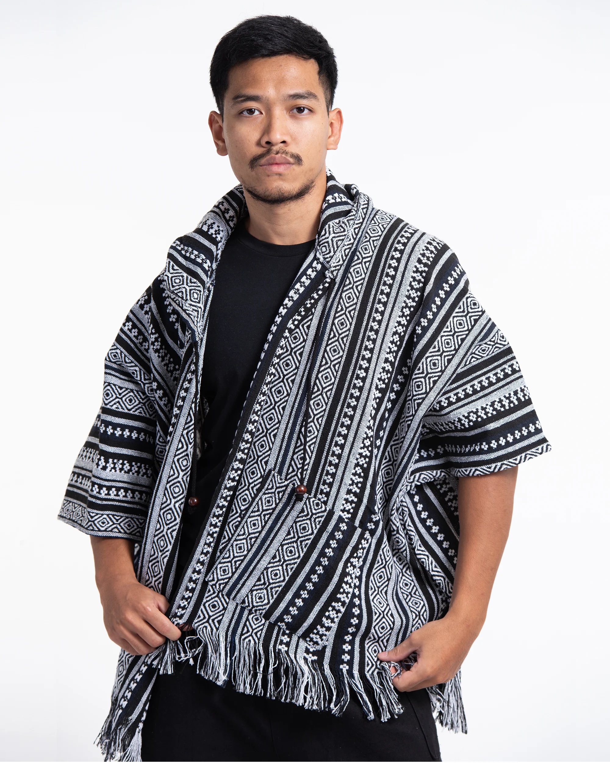 2811-Hill-Tribe-Cotton-Hooded-Poncho-Jacket-in-Black-White-5.webp Hill Tribe Cotton Hooded Poncho Jacket in Black White