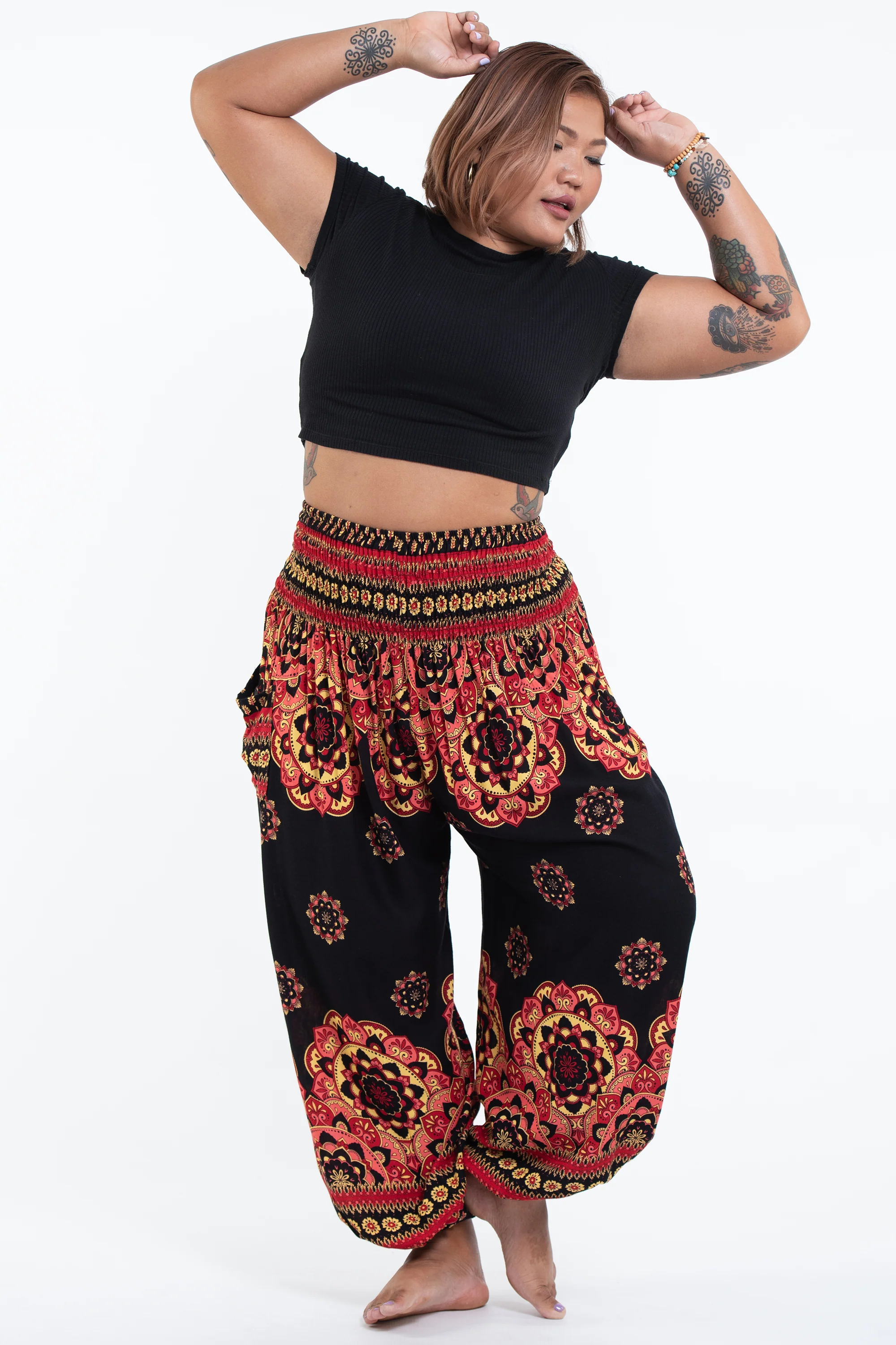 Plus Size Lotus Mandalas Women's Harem Pants in Black